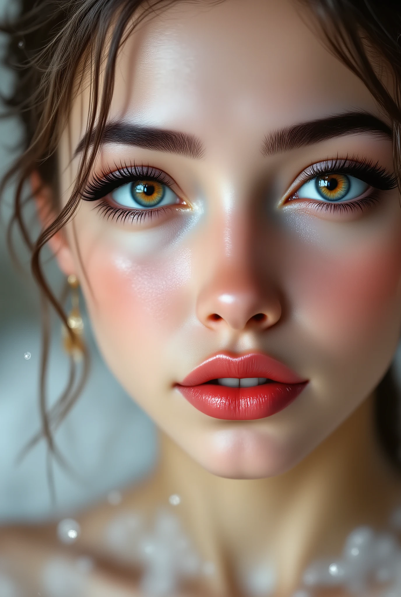 Realistic (photorealistic Realism), ((Ultra-realistic , ultra-high resolution)), ((Ultra-intricately detailed digital art)), professional photography, ((portrait)) a cute 1 Female, European, (ultra realistic texture details: velvety skin, hair),((sharp focus, no blurr eyes, high resolution, absurd quality, Realistic brown_eyes:1.4),intricately detail:1.35),((extremely fine details eyes))((extra narrow eyebrows))(Carefully draw Long blue_eyelashes:1.2)(perfect round eyes:1.3).((finely detailed pupils:1.3))((extremely fine details pupils:1.3))((extremely fine details iris of the eyes:1.35))(Shining, mesmerizing, Vibrant eyes:1.22).(professional makeup:1.4)((perfect dark_eyeshadows:1.4)),detailed lips:1.3,(apply glossy red_lipstick:1.3)(pink_makeup:1.28), (beautiful little nose), (perfect proportions:1.2),(small head),(anatomically correct), perfect female body, (Very beautiful, detailed face :1.38)、((very detailed lips: 1.21)、(very detailed nose: 1.2)、((small head: 1.4))、((High Contrast))、((Erotic:1.6)), ((random expressions))、((firm full breasts:1.35)), (narrow waist:1.3), medium ass, beautiful cheekbones, (slim belly: 1.3), ((well-muscled body:1.3)), ((slim face)), ((anatomically correct))、(professional lighting)、((water gushing from above:1.15)), ((wet whole body and soaked hair:1.25)), ((thick layer of foam from large bubbles in all intimate areas: 1.25)), ((bent:1.3)), looking up, ((side shot)), ((shot from above:1.3)), ((body shot to knees))、