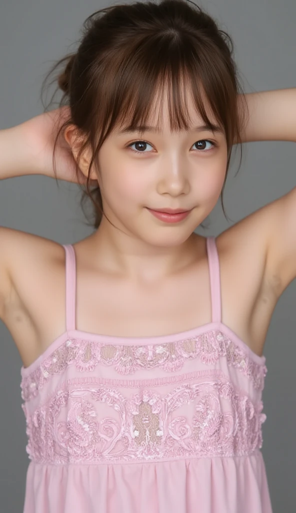 (best quality, masterpiece:1.4), ultra high res, 8k, ultra-detailed, (photo-realistic:1.2), RAW photo, perfect anatomy, detailed face, detailed eyes, detailed skin, 1girl, cute, Japanese, (little kid girl:1.3), bangs, standing, Arms Behind Head, sleeveless dress, black hair, black hair, soft light, cinematic lighting, cinematic shadows, (looking at viewer:1.2), white wall background