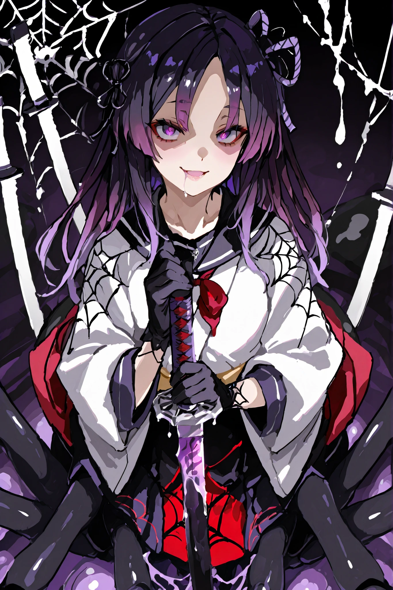 Arachne Girl. Purple hair. Parted bangs. Gradient hair with a spider web pattern hair ribbon. Purple eyes. Yandere eyes. Japanese kimono jacket. White jacket. Spider web pattern costume. Black Japanese school uniform. Black spider body. Spider legs. Red pattern. Weapon in hand. Japanese sword. Purple slime dripping from the sword.