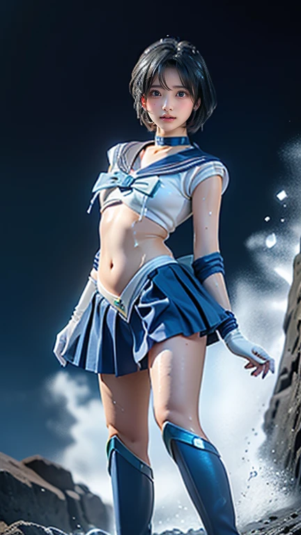 1girl,breasts,gloves,lips,solo,sailor mercury,blue eyes,smuniform,mer1,tiara,sailor senshi uniform,(RAW photo, best quality),masterpiece,absurdres,<lora:mercury_v2:0.8>,sexy,floating short blue hair,blue sailor collar,bow,(knee boots:1.1),choker,white gloves,blue choker,elbow gloves,jewelry,earrings,blue skirt,sole,full body,blue hair,(prefect drawn hands):3.8,octane rendering,godness of water,