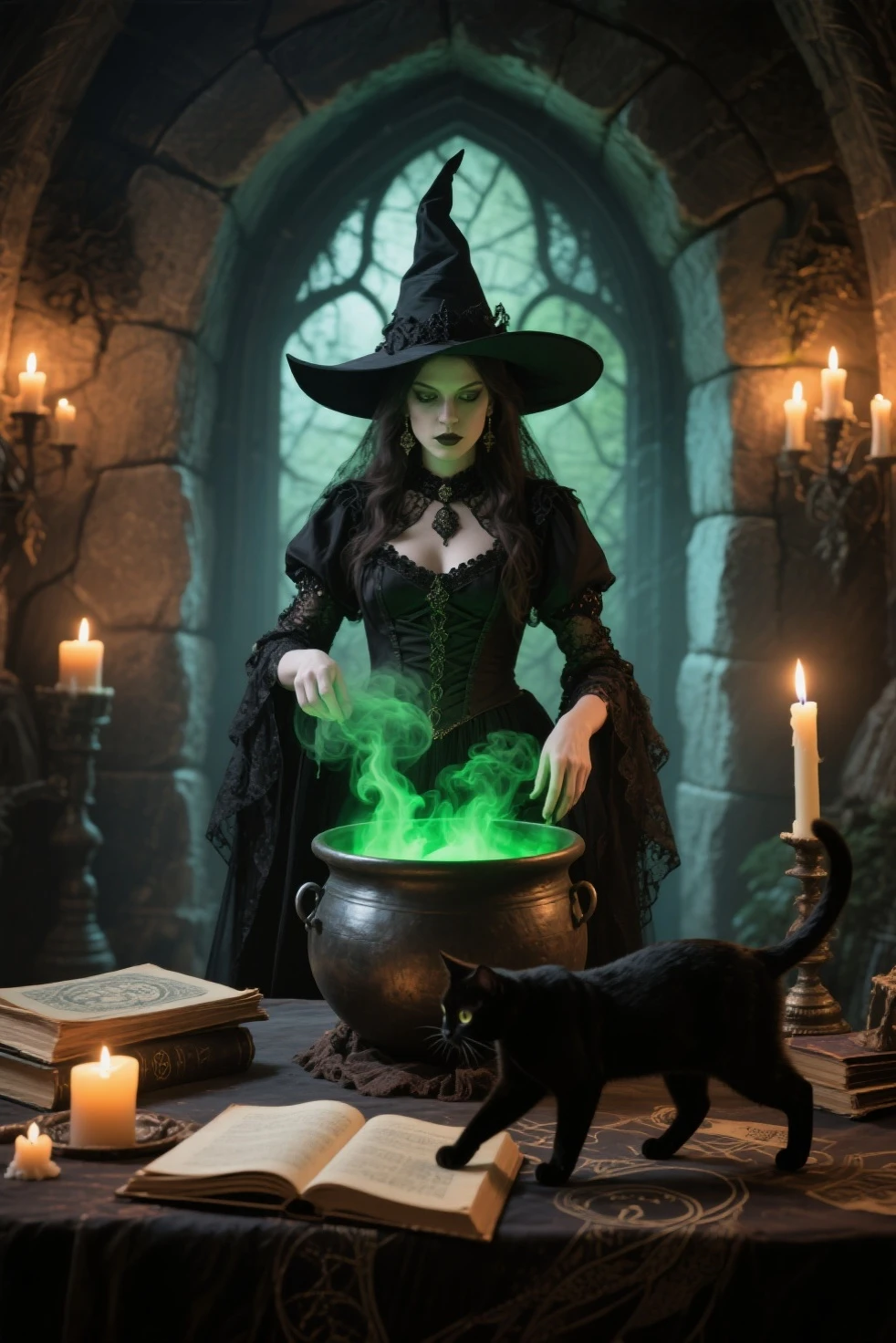 a dark witch casting a dark spell with a small cauldron on the table, behind her a demonic figure dominates the scene