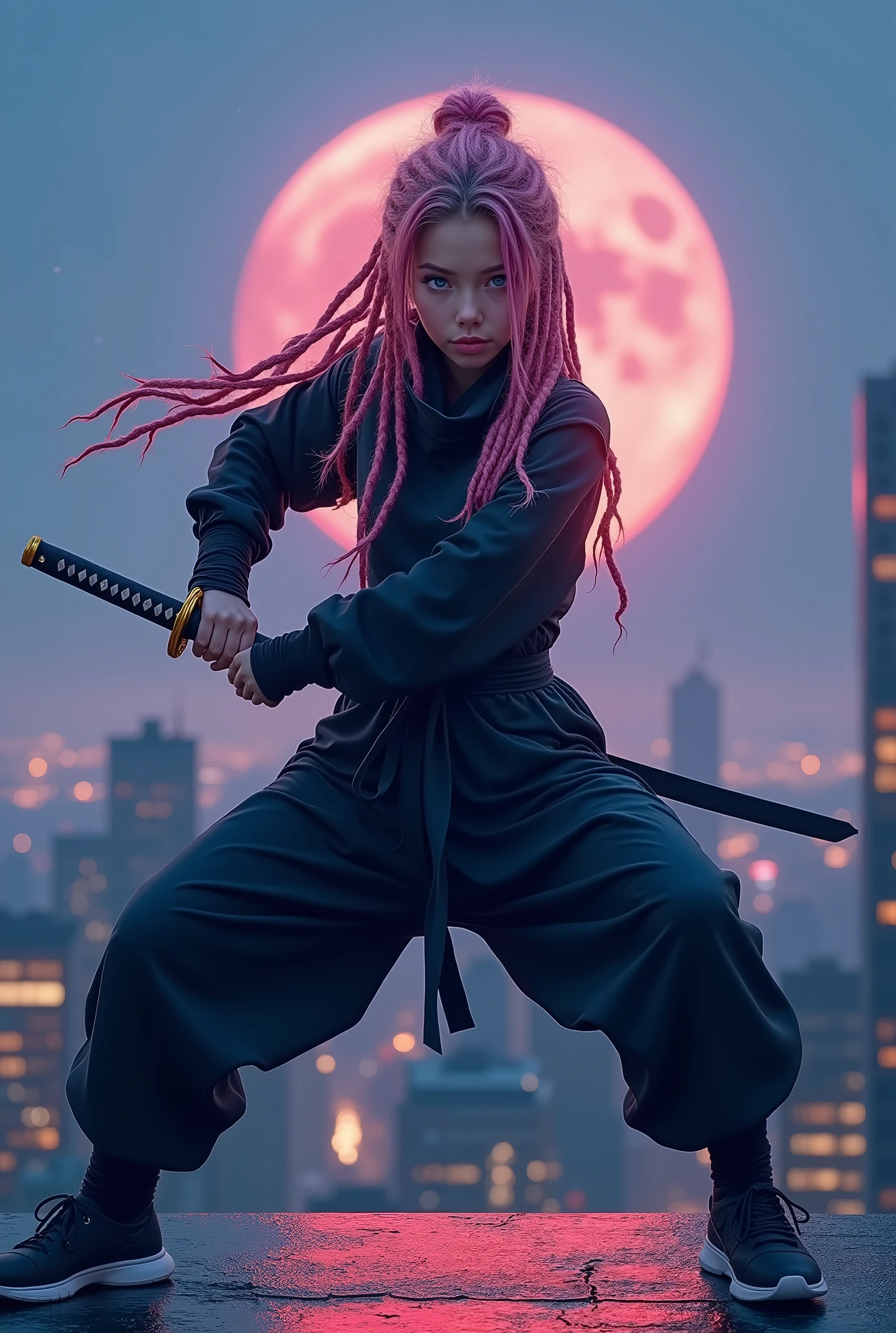 hyperrealism, photorealism, high-quality full-length photo in the center of the frame Young European ninja girl in dark baggy attire ninja style her pink hair is braided in dreadlocks(Dred's hairstyle), her blue eyes are beautiful, in the ninja pose with her legs half-bent at the knees and a katana sword in her right hand ,with an incredibly high-quality full-length photo with lots of small details, in a combat pose on the roof of the building behind her New York evening background in the background, and a bigger blood moon