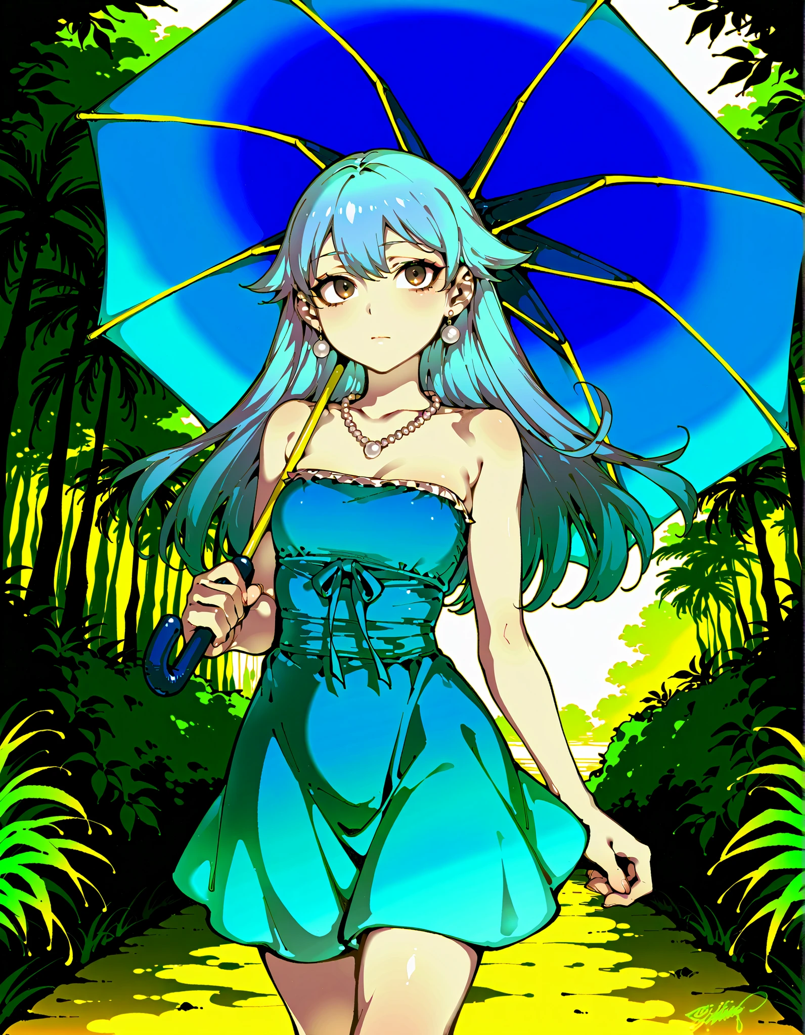 Source_anime, cute female, fishine style, 1girl, solo redhead BREAK 

Light blue hair, long hair, hair flaps, brown eyes, small breasts BREAK 

Blue sundress, bare shoulders, sleeveless, pearl earrings, pearl necklace, collarbone, strapless, blue umbrella BREAK  

Looking at side, cute face, front view, closed mouth, walking, holding 

Outdoors, daytime, tropical forest, tr0p1c4l