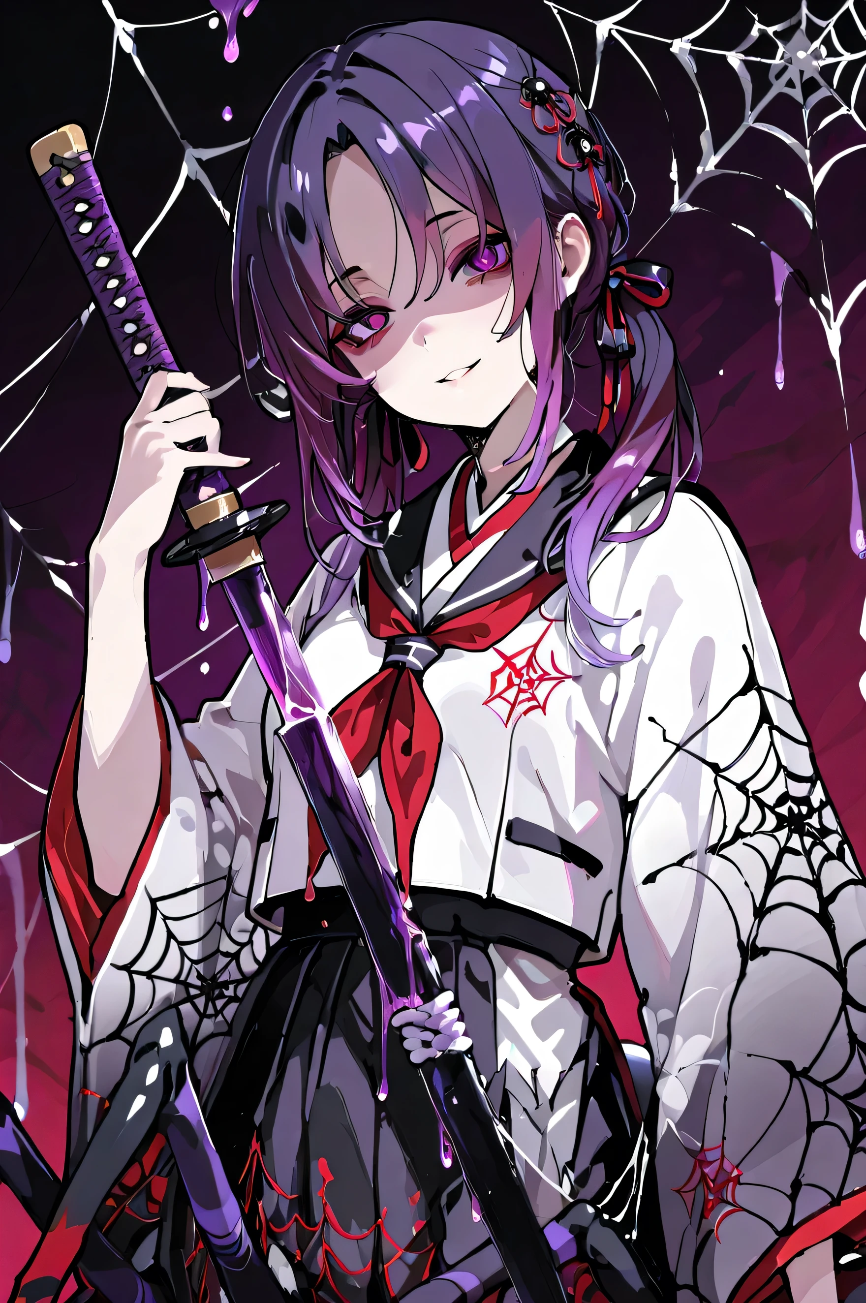 Arachne Girl. Purple hair. Parted bangs. Gradient hair with a spider web pattern hair ribbon. Purple eyes. Yandere eyes. Japanese kimono jacket. White jacket. Spider web pattern costume. Black Japanese school uniform. Black spider body. Spider legs. Red pattern. Weapon in hand. Japanese sword. Purple slime dripping from the sword.
