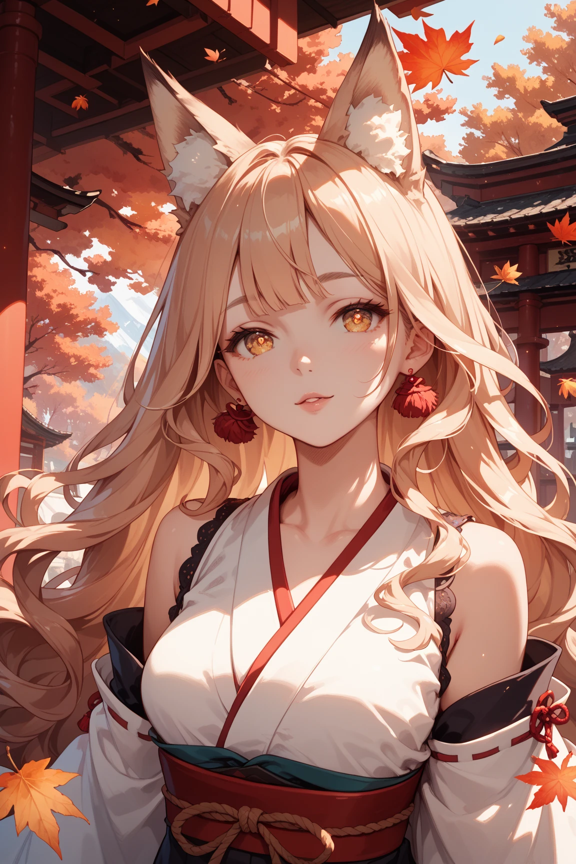 Fox Demon Girl Bust，Delicate facial features，Amber pupils，Fair skin，Fluffy Fox Ears，Long flowing hair，Shrine Maiden Neckline，Maple leaves fall，Magical atmosphere，Soft light and shadow