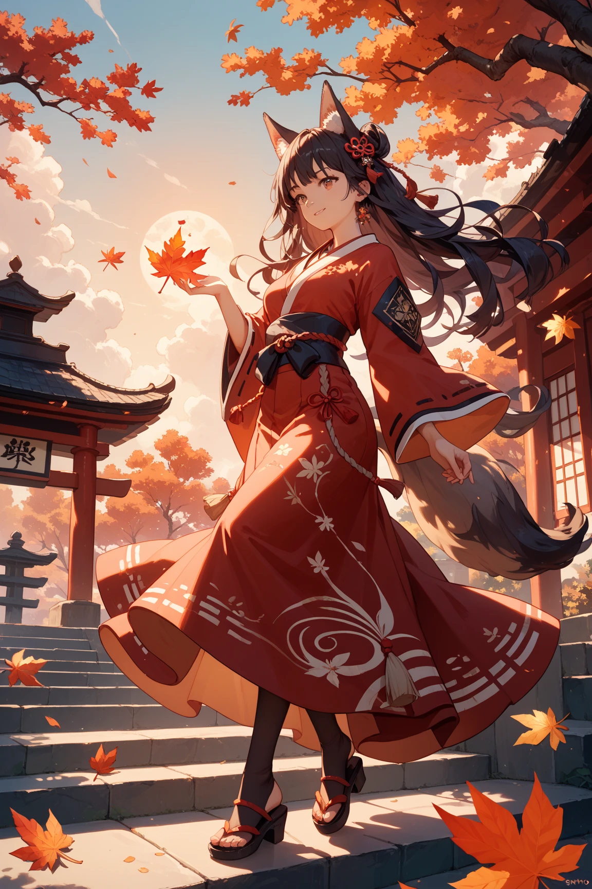 Fox Demon Girl Bust，Delicate facial features，Amber pupils，Fair skin，Fluffy Fox Ears，Long flowing hair，Shrine Maiden Neckline，Maple leaves fall，Magical atmosphere，Soft light and shadow