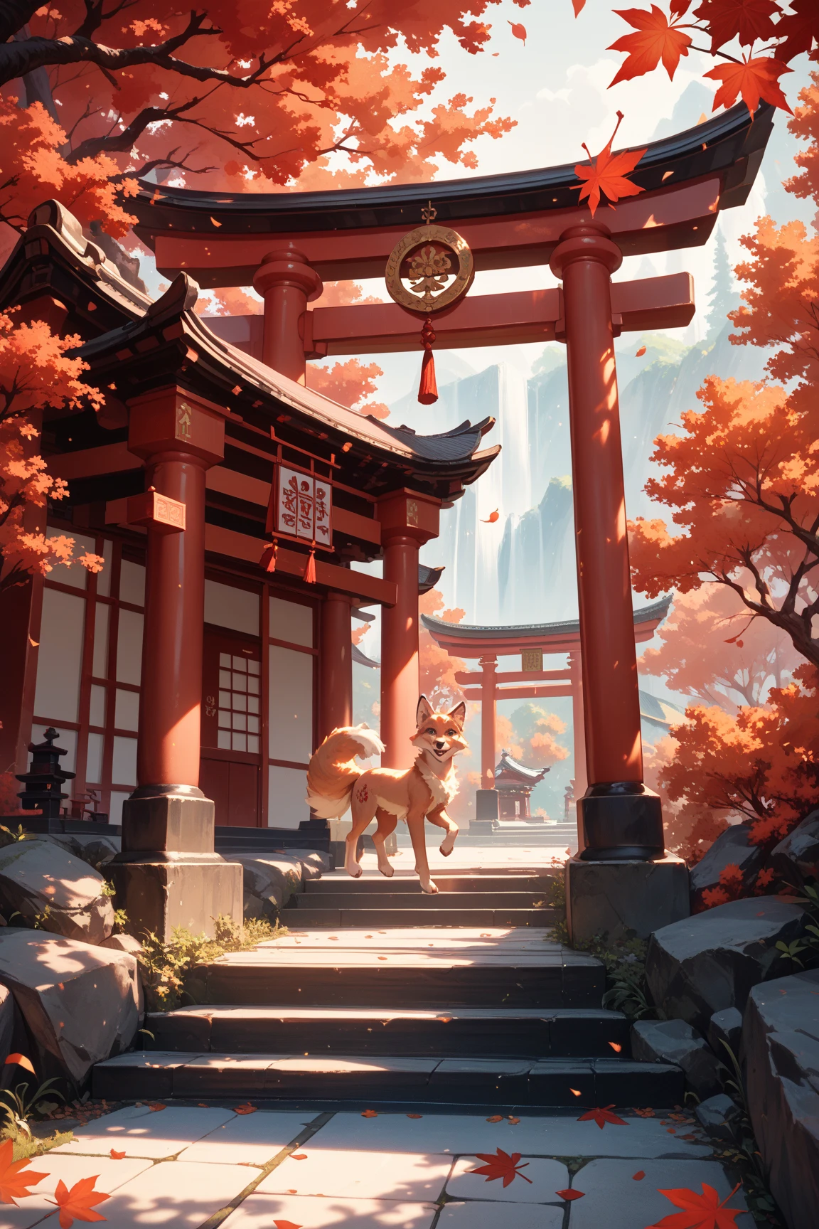 shrine shrine scene，Red torii gate，Falling red maple leaves，fluffy multiple foxtails，Translucent tulle，Warm color atmosphere，golden hour，Aesthetic style，Dreamy lighting effects，Cinematic feel