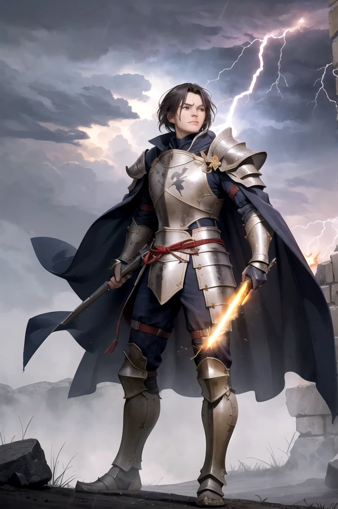 , an ancient warrior wearing heavy armor stands proudly on a battlefield with mixed thunderstorms，Holding a flashing long gun，The silver armor has ancient lines engraved on the silver armor，Lightning and thunder all around，Purple lightning breaks the dark sky，Fires burning in the distance，The fire shines on the warrior On the face，Battleground is mottled by rain，The tip of the long gun reflects the cold，Under the feet is a wet wilderness，The storm sets off a warrior's cape，creates a majestic atmosphere，8K ultra-clear rendering，Epic war scenes，cinematic texture