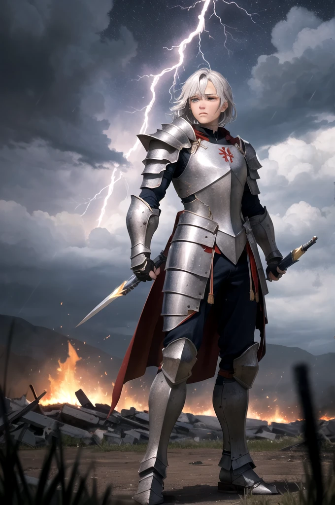 , an ancient warrior wearing heavy armor stands proudly on a battlefield with mixed thunderstorms，Holding a flashing long gun，The silver armor has ancient lines engraved on the silver armor，Lightning and thunder all around，Purple lightning breaks the dark sky，Fires burning in the distance，The fire shines on the warrior On the face，Battleground is mottled by rain，The tip of the long gun reflects the cold，Under the feet is a wet wilderness，The storm sets off a warrior's cape，creates a majestic atmosphere，8K ultra-clear rendering，Epic war scenes，cinematic texture