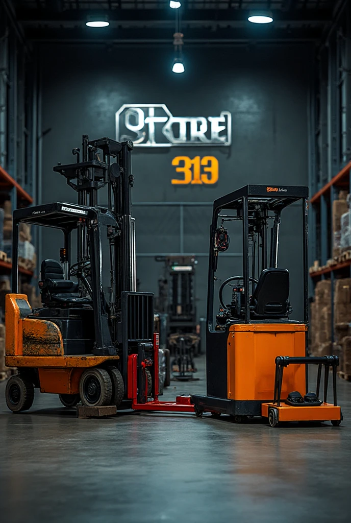 Photo of a forklift next to a pallet truck with the name store 313