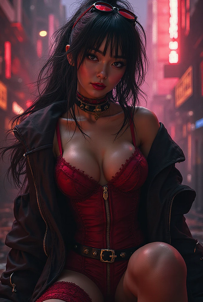 ultra realistic, photography, long black straight hair, elegant hair, (30 years old, hazel eyes, hourglass figure, perfect fit body, natural big breasts), femme fatale, Long eye lashes, seductive eyes, Award Winning Glamour Photograph extremely detailed award winning glamour photograph, front lit, HDR, in a bikini and jacket posing on a railing., cyberpunk art inspired by Masamune Shirow, trend in artstation, Fantasy Art, cyberpunk
