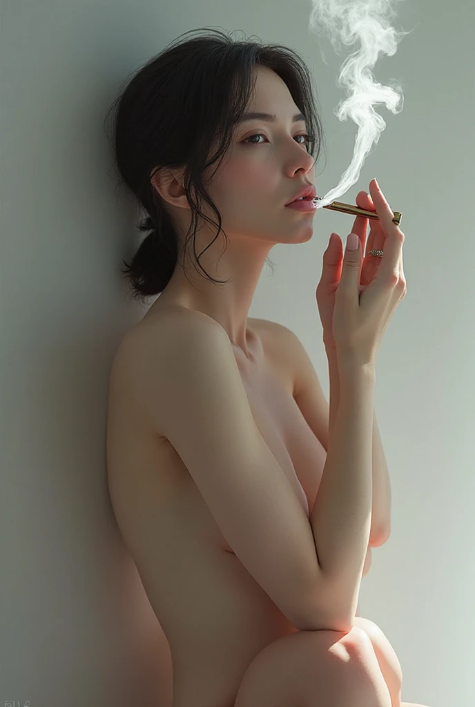 High resolution, High level image quality, high detail, masterpiece, rough skin, anatomically correct, sharp, gray background((japanese mature, 70 years old)), alone, ((facial wrinkles)), (((((good shape big breasts, light brown short hair, )))))、(((椅子に全nakedで斜めに座る、 facing the center of the screen.))), Open your mouth and stare straight ahead with a serious face., ((cowboy shot)),slim abs、thighs、full body portrait、big cleavage、(((((large dark erect nipples)))))、(((naked)))、(((((((Put the cigarette in your mouth and smoke it、))))))、(((((Realistic smoke coming from the tip of a cigarette、)))))、((((slender body))))、(((((Put your arms on the top of your head、))))