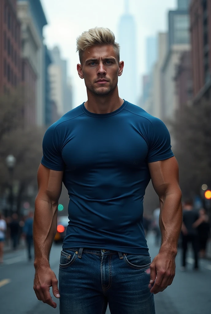 Melancholy，around，artistic conception，big occasion,outside,40 years old,Diffuse light，Chest muscles，, stubble, Europeans and Americans,temple, Muscle tissue, Mature man,Bodybuilder，Golden-blue、Pure purple blac，Dignified and elegant，temperament，short hair,The light is soft,black triangle ,full-body shots,handsome face，In the forest ，in the middle of the night