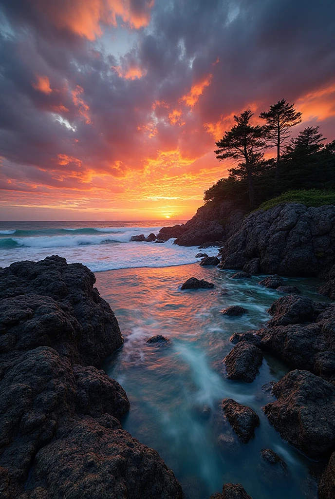 arafa view of a sunset over the ocean with waves crashing, chaotic sea scenery, vibrant sunrise, breathtaking colors, breathtaking look, vibrant sunset, breathtaking composition, beautiful seascapes, stunning sunset, Magnificent background, sunset glow, beautiful background, beautiful dreamy breathtaking, Marcos Adams, beautiful and hot scene, Epic sunset, Beautiful sunset, beautiful sunset glow, beautiful ocean