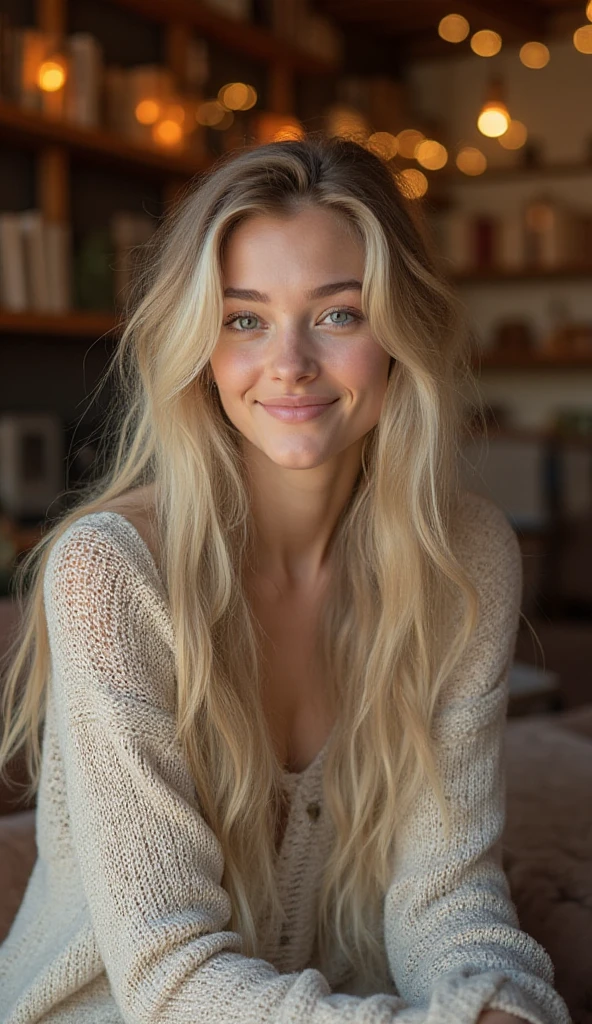 1 fille dans, 19 ans, Seulement, Long wavy hair, Colossal , long messy and windy blonde hair, camera facing down, à genoux sur le sol, regardant la caméra, demi sourire, bite your lip, cheveux blond, Tout le corps, (fond d'extremely detailed 8K display), soft lighting, High quality, Grains de films, Mise au point nette du Fujifilm XT3, f5.6, 50mm,  high detail, Sharpness,(natural light), (attractive),pas de haut, Thick stripes, jupe noire pure, developer, Realistic, Un sexy