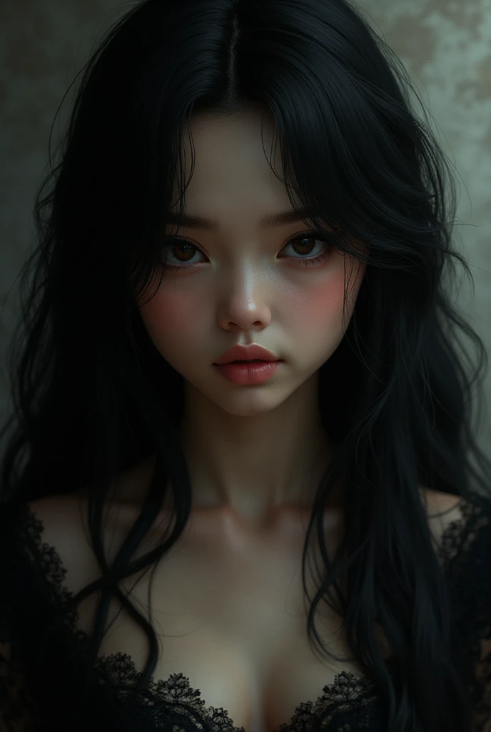 a girl, 15year old, with an extravagant beauty, seducing gaze, Asian, long black hair, full, pink mouth, in street, with a black top and black denim shorts, 小柄, moles on the cheek, nase, and on the chin near the mouth