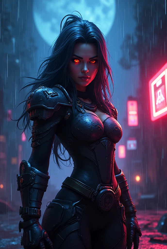 full-length portrait, cyberpunk archer, beautiful detailed eyes, beautiful detailed lips, extremely detailed eyes and face, long eyelashes, intricate futuristic armor, glowing neon bow, cybernetic enhancements, dystopian city background, moody dramatic lighting, cinematic composition, vibrant neon colors, hyper detailed, 8k, photorealistic, masterpiece