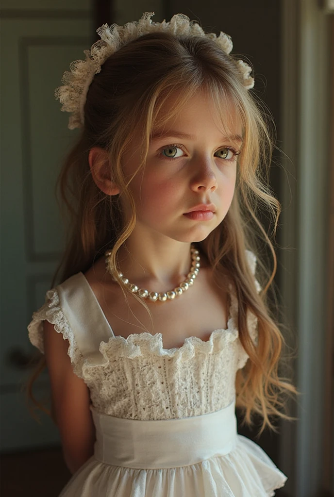 Russian, Girls children , Close-up, Photo studio white bust on unlimited background, Portrait , Long blonde hair and bow