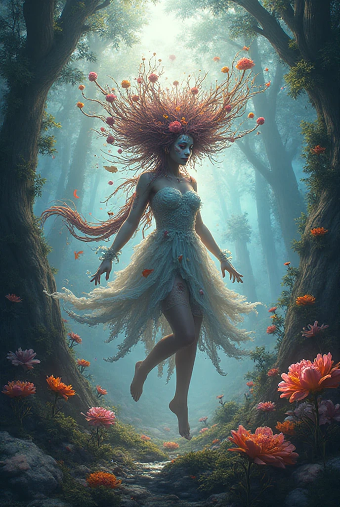 ((stacked papercut art)) of "in this haunting glade,a 47 year old sorceress stands at the edge of a turbulent lake,its waters churning with an unseen force that stirs the misty veil clinging to her skin like a shroud of unease. the hooded figure's eyes burn with a faint,flickering light that casts eerie shadows on the surrounding trees,whose branches twist and writhe in agony as if tormented by some dark presence. crimson robes,once flowing and majestic,now hang tattered and torn,their colors muted by the oppressive atmosphere. as she raises her hands,the mist swirls around her with an unwholesome malevolence,coalescing into grotesque shapes that seem to be drawn to her outstretched palms like dark magnets. the air is heavy with a sense of foreboding and dread,as if the very fabric of reality is about to tear apart under the weight of some ancient,malevolent force." . 3d,layered,(vibrant contrasting colors),dimensional,depth,precision cut,stacked layers,papercut,(high contrast),, score_9,score_8_up,score_7_up,highly detailed,high budget,masterpiece,best quality,perfect anatomy,very aesthetic,8k,