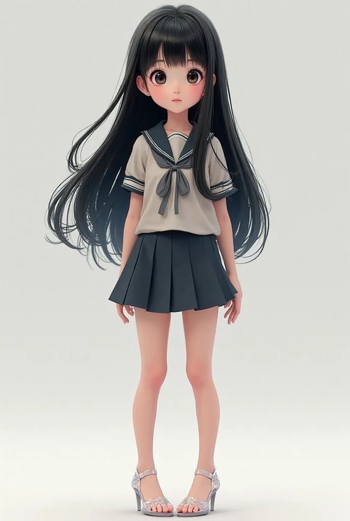 Girl with long black hair with a black miniskirt Black sweatshirt and big socks tennis shoes