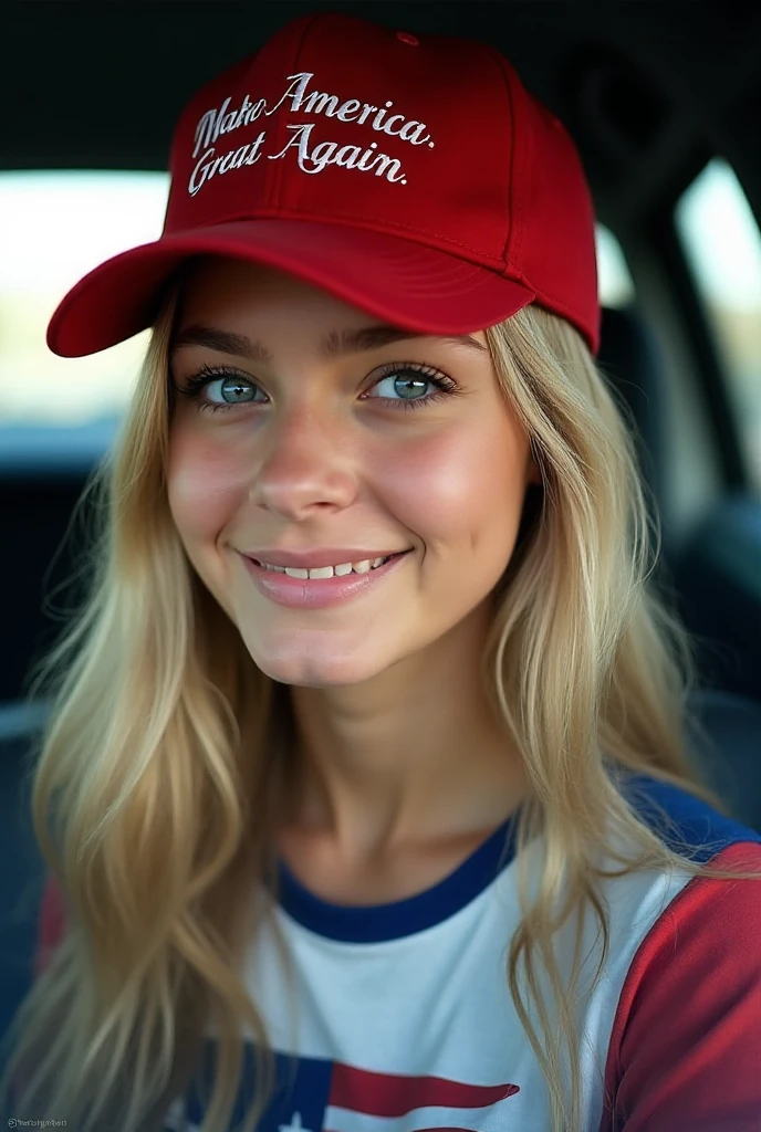 1 Frau, American, Nice, (Selfie, Happy), with long blond hair. bright green eyes, bright eyes