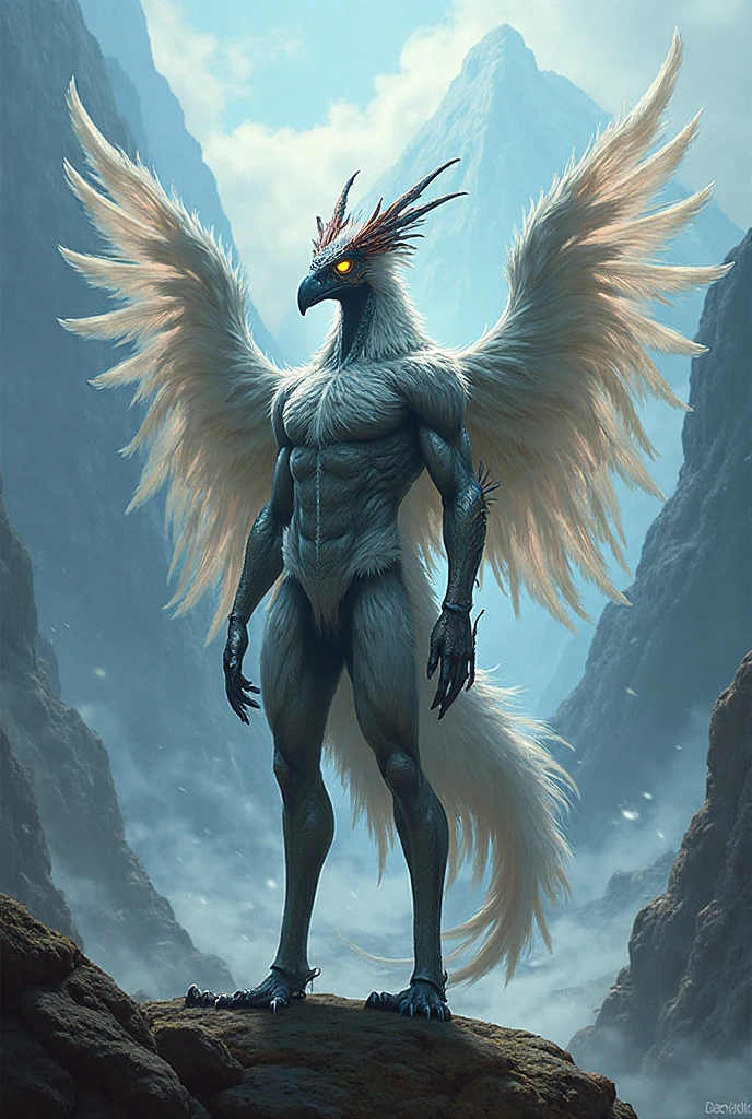 ultra-detailed, masterpiece, masterwork, high quality, best quality, hdr, (nature,), , male, solo, avian, (()), (white little body crow), (long silver hair, beak, closed eyes sleeping), horn, dragon ears, lying, dynamic angle, (micropenis, , perfect ), Hands and wings in one piece,