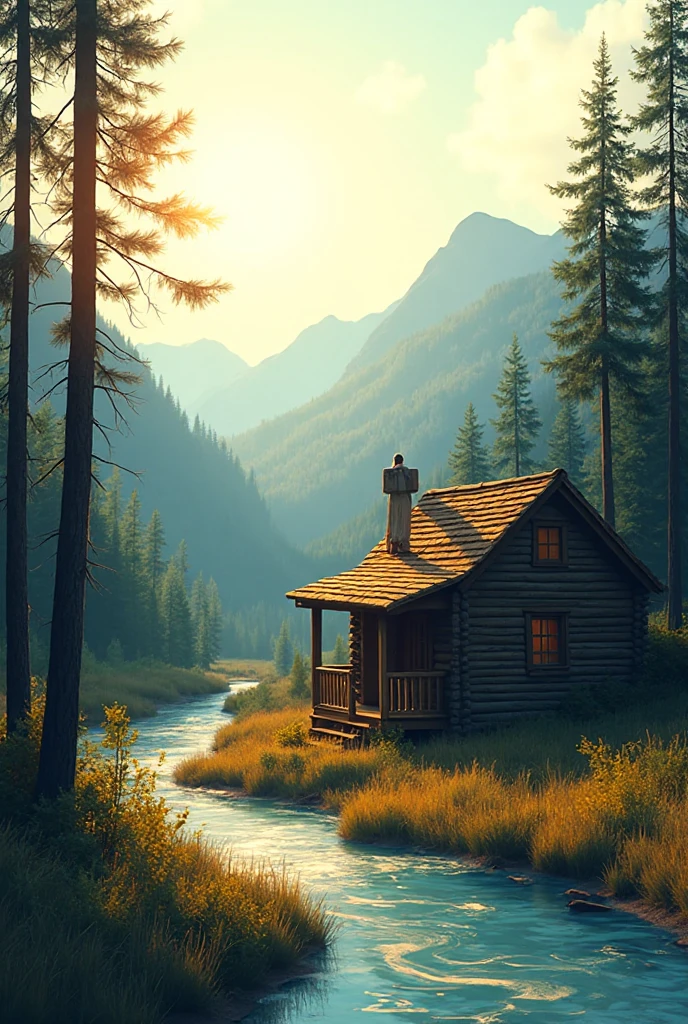 A cinematic illustration of a rustic wooden cabin in the Blue Ridge Mountains, bathed in warm golden sunlight. Tall pine trees surround the cabin, and a clear river glimmers nearby, reflecting the sky. The atmosphere feels bright, hopeful, and emotional—symbolizing resilience and rediscovery. In the distance, a faint silhouette of a lone woman stands on the porch, gazing out at the mountains, her figure subtle to keep the focus on the landscape. The overall mood should be vibrant and inspiring, with brighter colors (soft blues, greens, and golden tones) to contrast against the heavy emotional story.