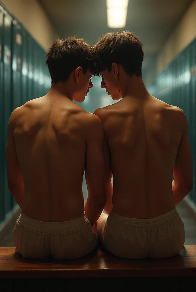 2 young men giving each other a French kiss wearing dark blue tight swimming trunks and in a changing room with other men