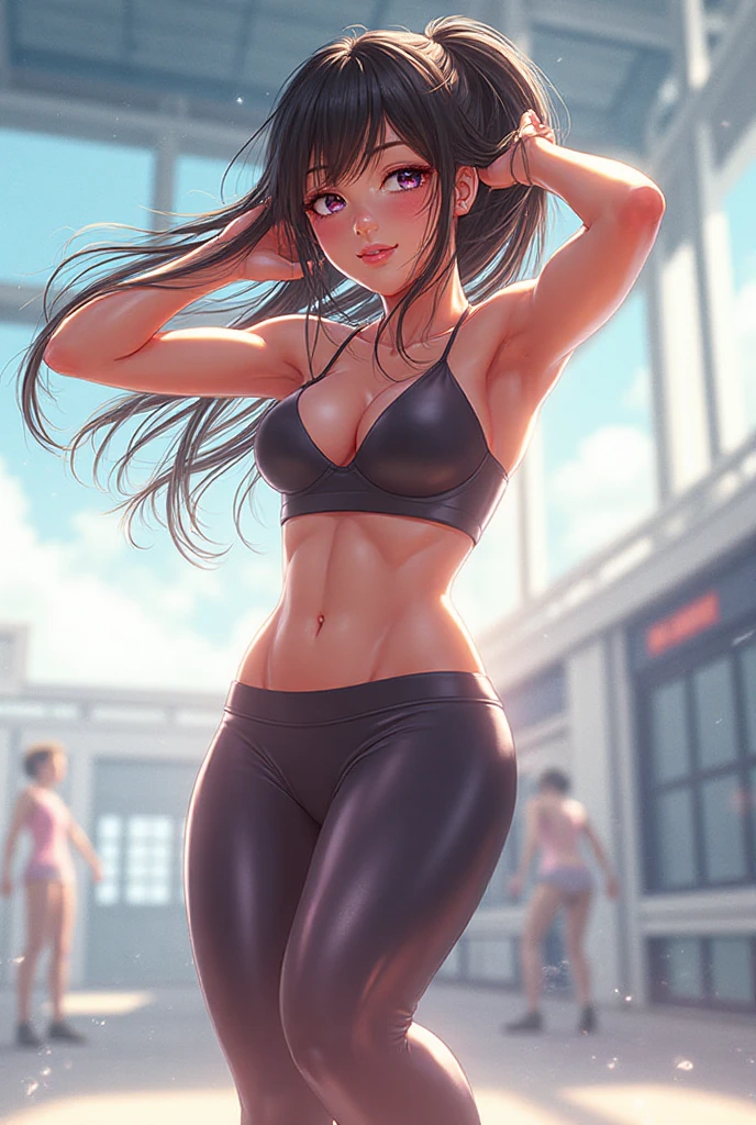 1girl,a beautiful fashion model ,(masterpiece, official art, best quality) (blue eyes) ,long and shiny hair, black hair, long ponytail, hair strand between eyes, full lips, upturned nose ((((tan skin, bronze skin, 1.3)))), big breasts, stripping, elegant makeup, exhibitionism, naked in public, akali, slim thighs, toned body, shiny skin, sexy pose, blue eyes,(( (slender, skinny, slim))), gold hoop earrings, pink eyeshadow, cute face, innocent, blush