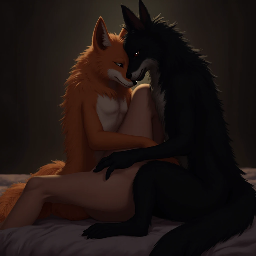 (by danomil:1.4), masterpiece, detailed Bonifasko lighting, [crepuscular ray], best details, real life, depth of field, (bright lighting:1.4), detailed background, nude, couple, duo, two characters, (anthro), (anthro wolf, male, brown fur, yellow belly fur, orange highlights, sexy guy man, masculine, genitals, wolf penis, cock, knot, erect, nipple piercings, braids, long hair, testicles, grinning, (dad bod), chubby:1.2), (anthro fox, female, orange shoulder length hair, breasts, vagina, pussy, slim:1.2), (stinky, smelly:1.2), with bushy pubic hair and armpit hair, covered in fur, clear details, detailed nipples, cute, snuggly, cuddling, spooning, in bed, under covers, blanket, duvet, pillows, cozy, lying on side