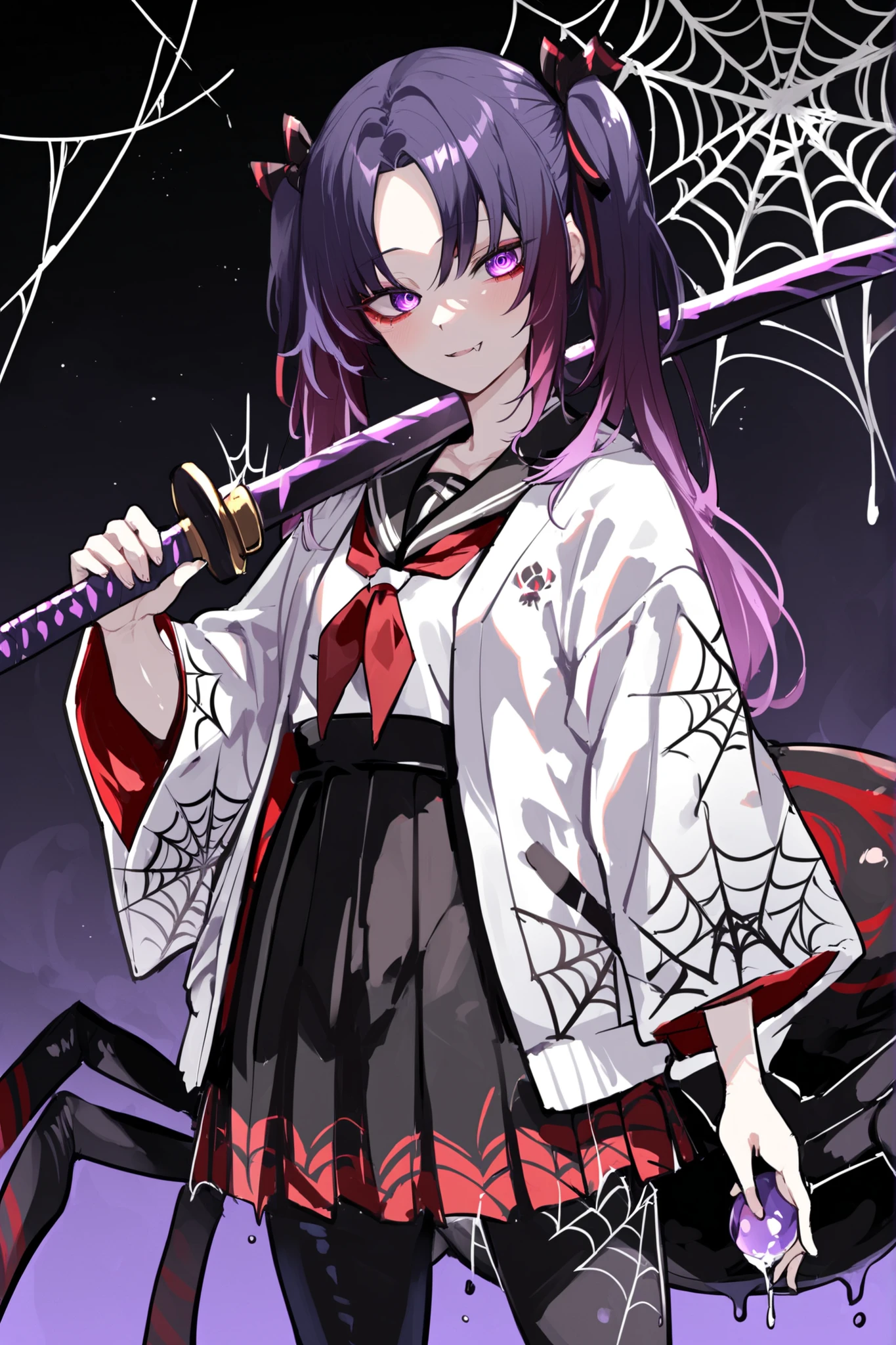 Arachne Girl. Purple hair. Parted bangs. Gradient hair with a spider web pattern hair ribbon. Purple eyes. Yandere eyes. Japanese kimono jacket. White jacket. Spider web pattern costume. Black Japanese school uniform. Black spider body. Spider legs. Red pattern. Weapon in hand. Japanese sword. Purple slime dripping from the sword.