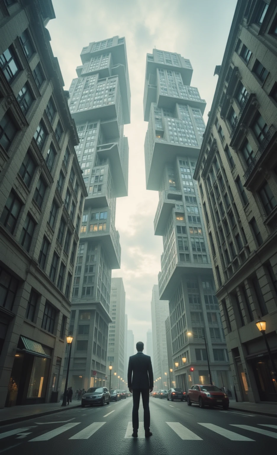 Realistic cinematic scene, a man in a suit standing in the middle of a ...