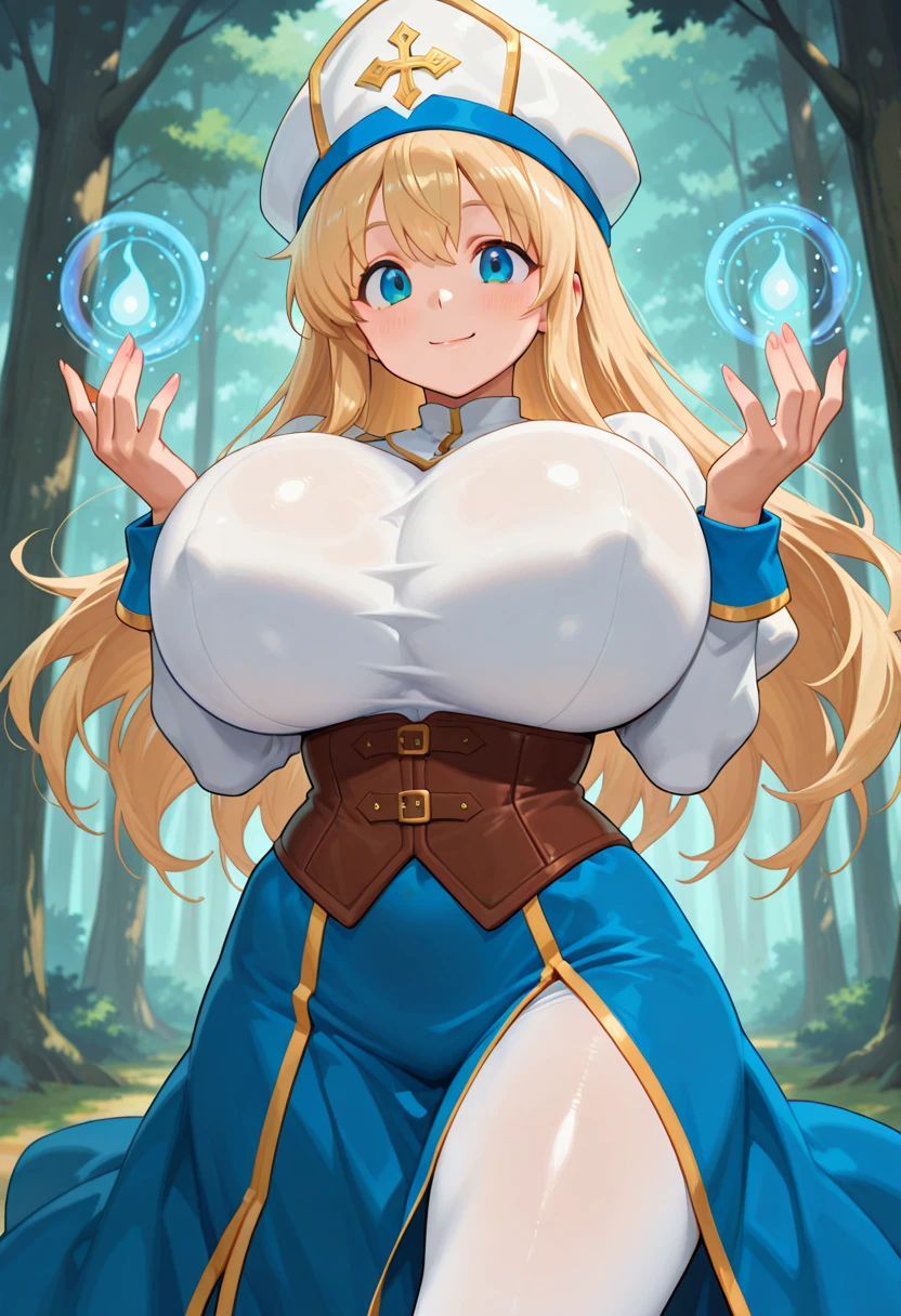 (masterpiece, high quality:1.2), intricate detailed,
NinaAslato, 1girl, elf, solo, standing, (arms behind head:1.2), cowboy shot,
looking at viewer, determined, teeth,
pointy ears,  blonde hair, long hair, purple eyes, jewelry,
tiara, blue turtleneck leotard, miniskirt, two-tone dress, elbow gloves,
huge breasts, curvy,
fantasy, hills, outdoors, sun, waterfall, complex background,
<lora:NinaAslato:0.9>