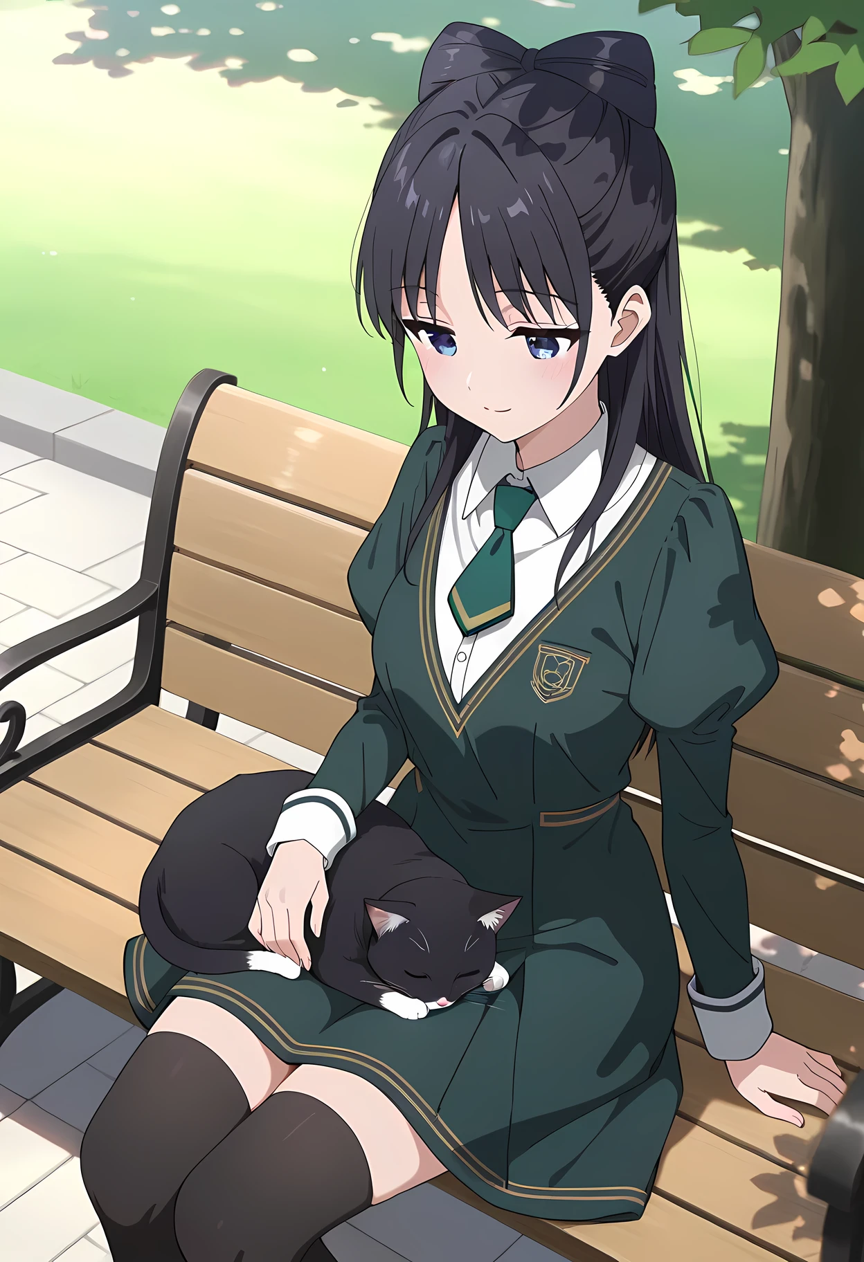 score_9, score_8_superior, score_7_superior, masterpiece, best quality, absurdres, high_fidelity, vibrant, sauce_anime, rating_safe, Adorable, 1girl, miyao nemu, long hair, black hair, blue eyes, bow-shaped hair, school uniform, green dress, long sleeves, collared shirt, white shirt, green necktie, short necktie, juliet sleeves, black thighhighs, sitting on bench, looking down, light smile, BREAK, sleeping cat on the girl's lap, black cat, outdoor, nature, park, dappled light, from above