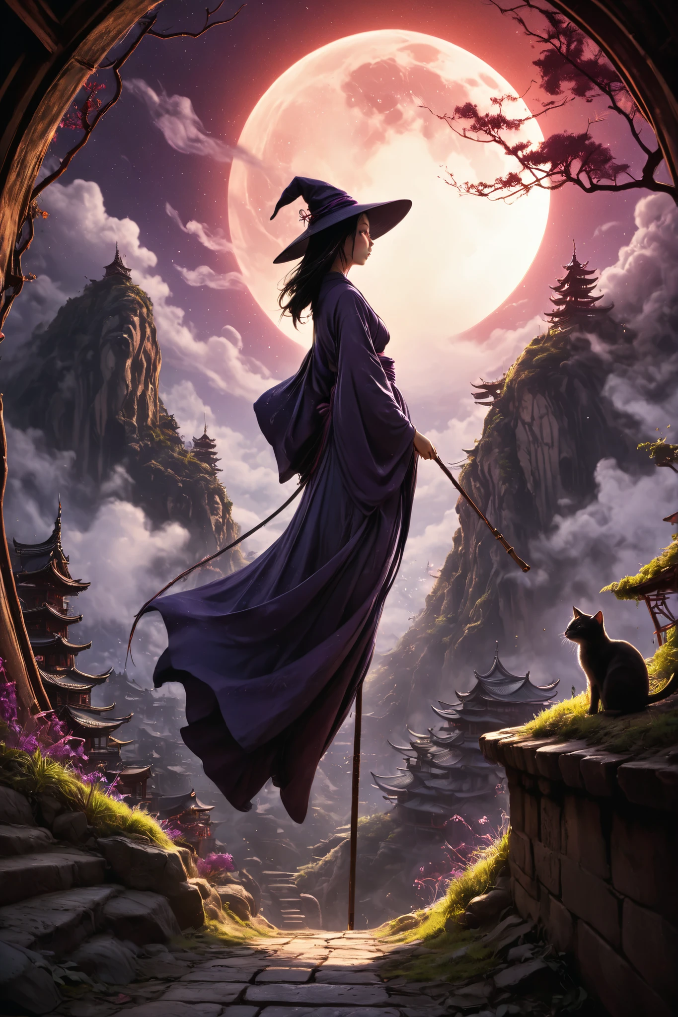 A dramatic ukiyo-e woodblock illustration of a witch and a black cat standing in bold silhouette upon the curved rooftop of a mountain temple. Her wide hat and long flowing robes trail in the wind as she gazes toward an oversized crescent moon glowing in violet and silver above. At the edge of the roof, her sleek black cat perches gracefully, its tail curling like a brushstroke and its golden eyes glowing with mystery. The temple roof tiles sweep downward in layered arcs, patterned with stylized linework, while the wooden beams of the structure are rendered in deep crimson planes. The background sky is filled with curved clouds and indigo gradients, with pine-covered mountains fading into mist below. The composition blends strong architectural lines with fluid natural forms, all rendered in traditional Japanese woodblock style with crisp silhouettes, flat color planes, and textured lines. A timeless and mystical vision of witch and familiar as guardians of the night.