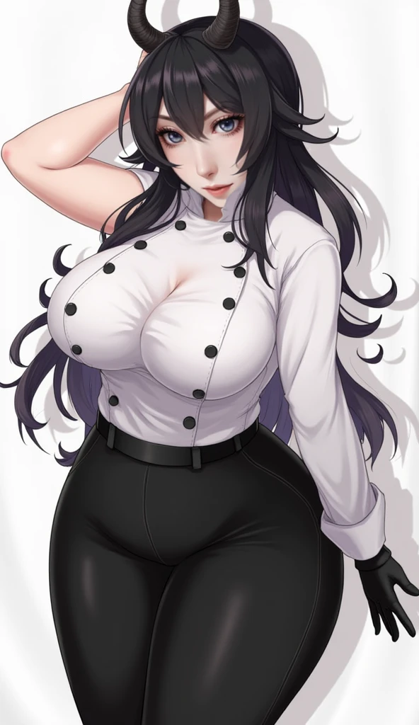 beautiful, (masterpiece:1.2), (best quality:1.2), perfect eyes, perfect face, perfect lighting, 1girl, bell, black skirt, breasts, brown eyes, choker, cleavage, glasses, huge breasts, lips, long hair, miniskirt, nose, pantyhose, pencil skirt, pocket, blue hair, shirt, skirt, skirt tug, white shirt, simple background, white border
