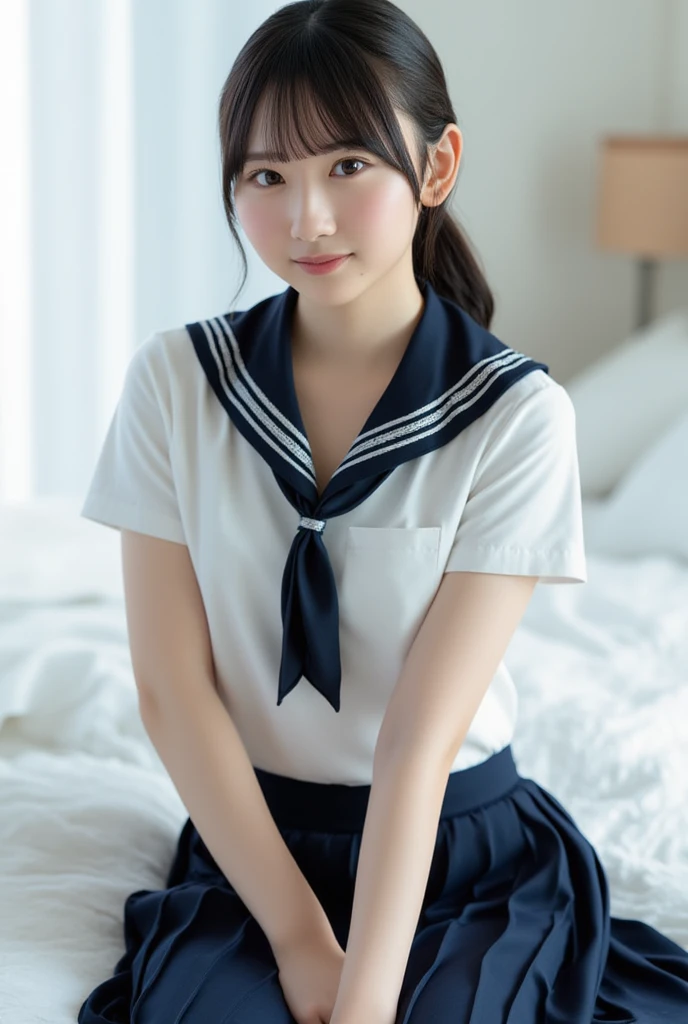 One girl, short hair,Black Hair,smile, summer, room,Sitting on the bed, Raise your arms and stretch,Legs together,Hold your head high,Junior high school freshman, Looking down, Sailor suit,front,Upper body close-up,transparent, (masterpiece, Highest quality), Soft Light, Structure of the film, Cinematic