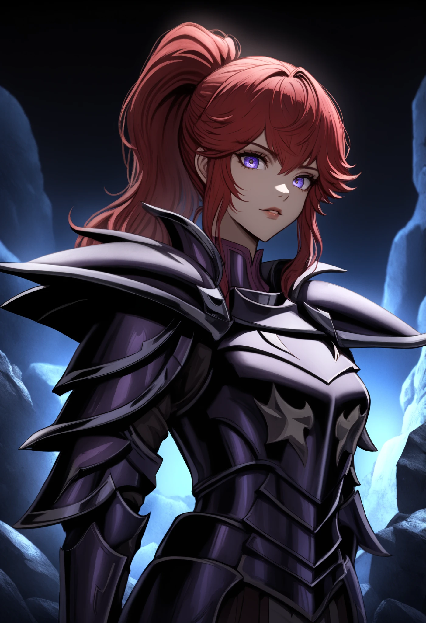 (high-quality, breathtaking),(expressive eyes, perfect face) Symmetrical Eyes, 1girl, female, solo, adult, looking at viewer, black background, soft eerie blue lighting background, rock terrain background, Dark Purple Armor, trim, full plate armor, half body shot, solo, black armor, Specter, Dark Knights, SophiaFE1, red hair, ponytail,