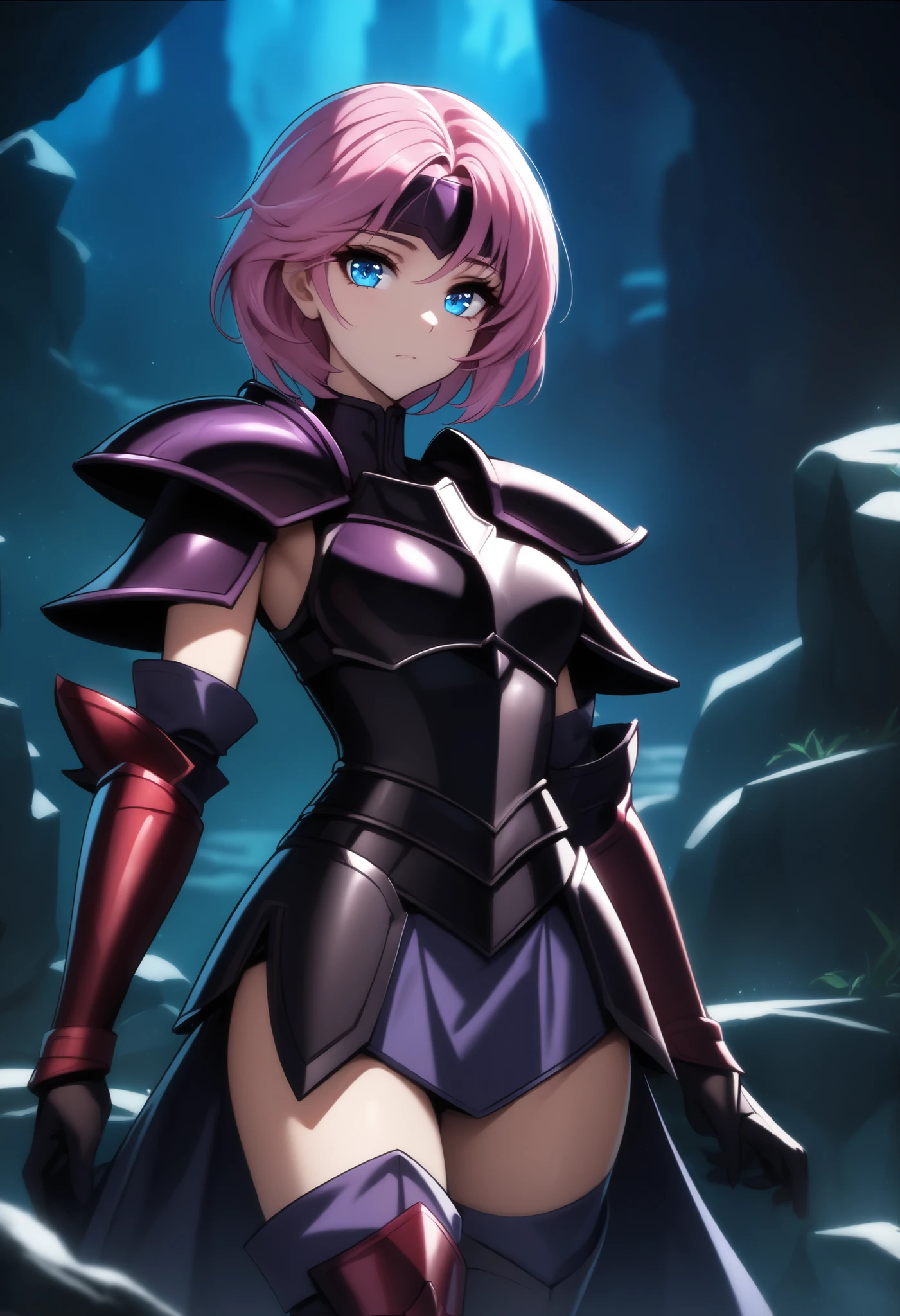 (high-quality, breathtaking),(expressive eyes, perfect face) Symmetrical Eyes, 1girl, female, solo, adult, looking at viewer, black background, soft eerie blue lighting background, rock terrain background, Dark Purple Armor, trim, full plate armor, half body shot, solo, black armor, Specter, Dark Knights, pormca, pink hair, short hair, blue eyes, headband, red armor, thighhighs, thigh boots