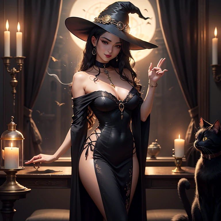 masterpiece, best quality, highres, 1girl, Hermosa mujer sensual, Gothic attire, Dressed in richly decorated black robe, bruja, witch hat, waved hair, Witch gown，jewelry，high heels，cleavage，earrings，bracelet，bare shoulders, magic_Wand Confident Expression,  Looking at the camera (Magical Mysterious Background, fireflys, glowing particles, Ethereal fog, oscuridad tenue, magic symbols, Hierbas, y velas encendidas), high saturation, Movie Light, luz de borde, mejores sombras,  (Lente utilizada: prime 50mm:1.3), (Camera model: Fotograma completo Sony Alpha a7R IV:1.3), (Meticulously crafted lighting creates a mysterious ambience:1.2),