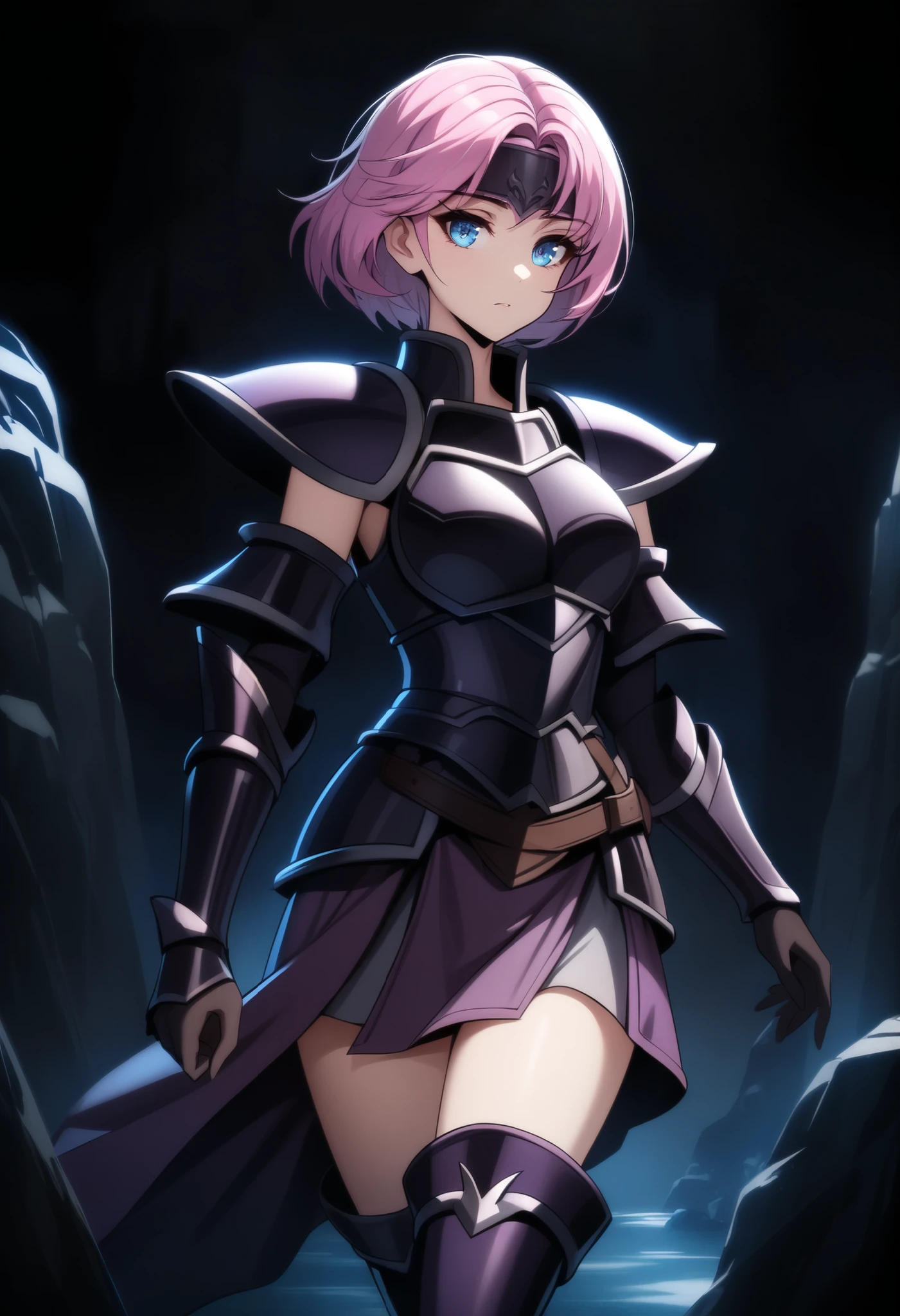 (high-quality, breathtaking),(expressive eyes, perfect face) Symmetrical Eyes, 1girl, female, solo, adult, looking at viewer, black background, soft eerie blue lighting background, rock terrain background, Dark Purple Armor, trim, full plate armor, half body shot, solo, black armor, Specter, Dark Knights, pormca, pink hair, short hair, blue eyes, headband, thighhighs, thigh boots