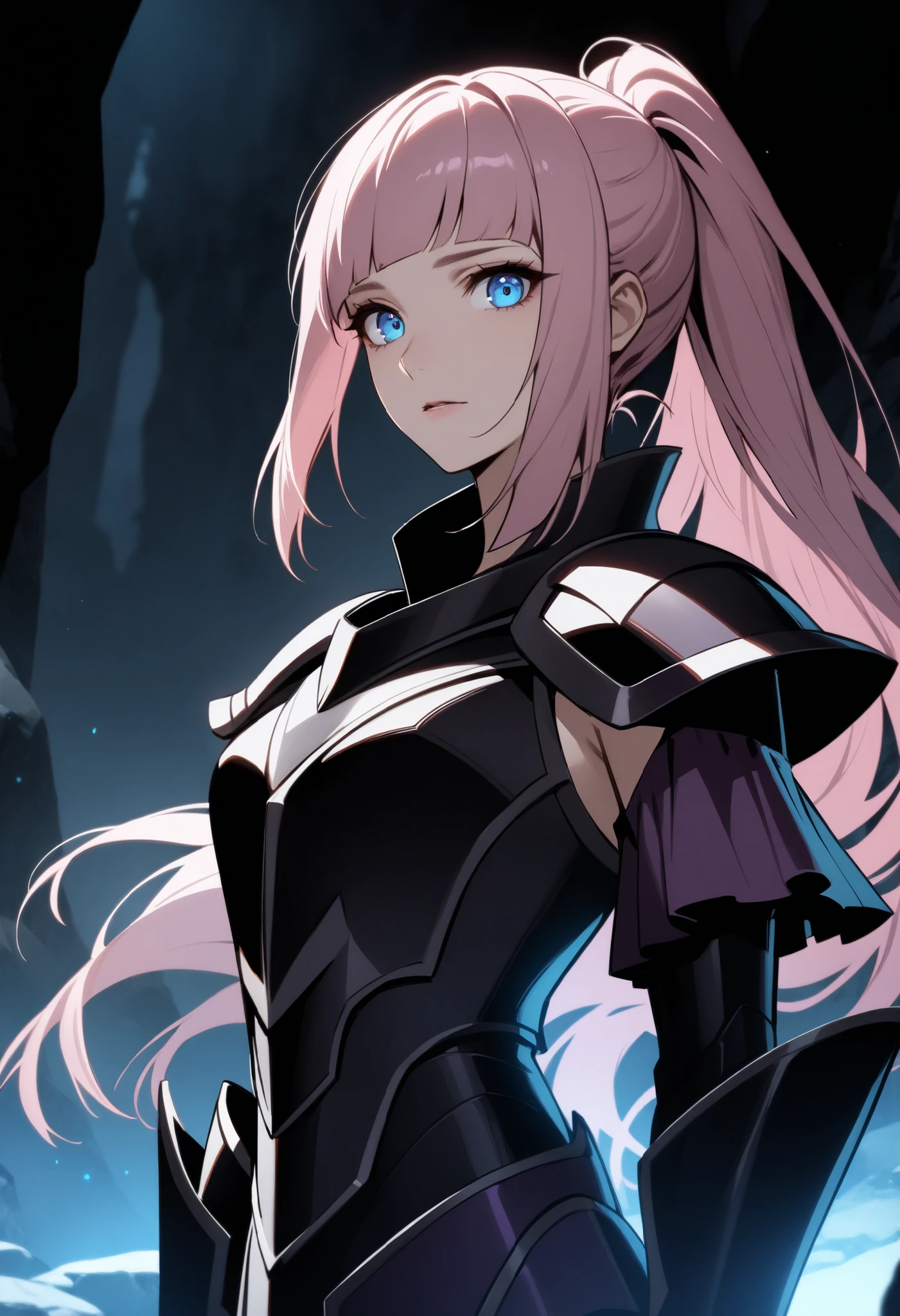 (high-quality, breathtaking),(expressive eyes, perfect face) Symmetrical Eyes, 1girl, female, solo, adult, looking at viewer, black background, soft eerie blue lighting background, rock terrain background, Dark Purple Armor, trim, full plate armor, half body shot, solo, black armor, Specter, Dark Knights, f1cdf, blue eyes, pink hair, long hair, ponytail, sidelocks, blunt bangs