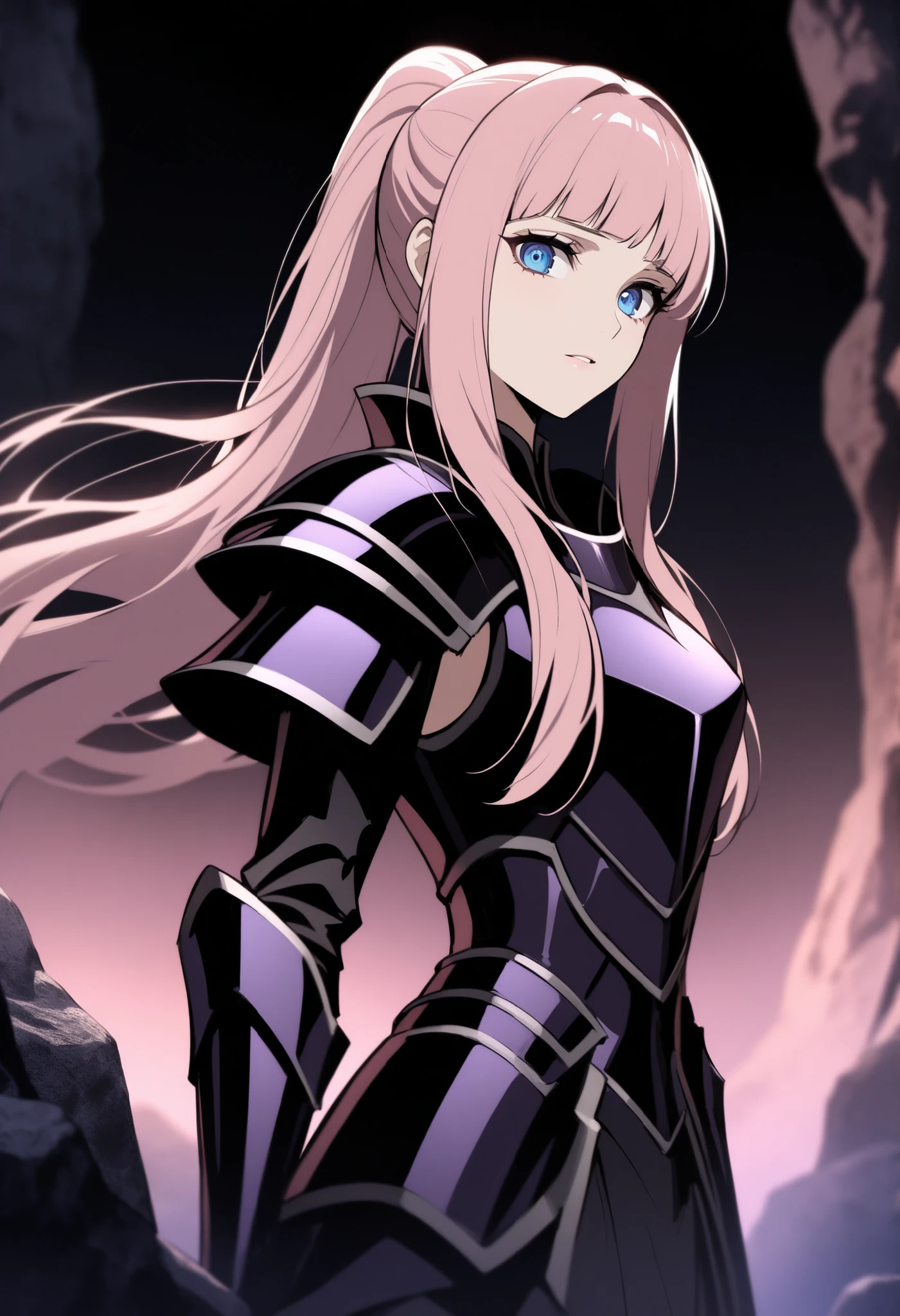 (high-quality, breathtaking),(expressive eyes, perfect face) Symmetrical Eyes, 1girl, female, solo, adult, looking at viewer, black background, soft eerie blue lighting background, rock terrain background, Dark Purple Armor, trim, full plate armor, half body shot, solo, black armor, Specter, Dark Knights, f1cdf, blue eyes, pink hair, long hair, ponytail, sidelocks, blunt bangs