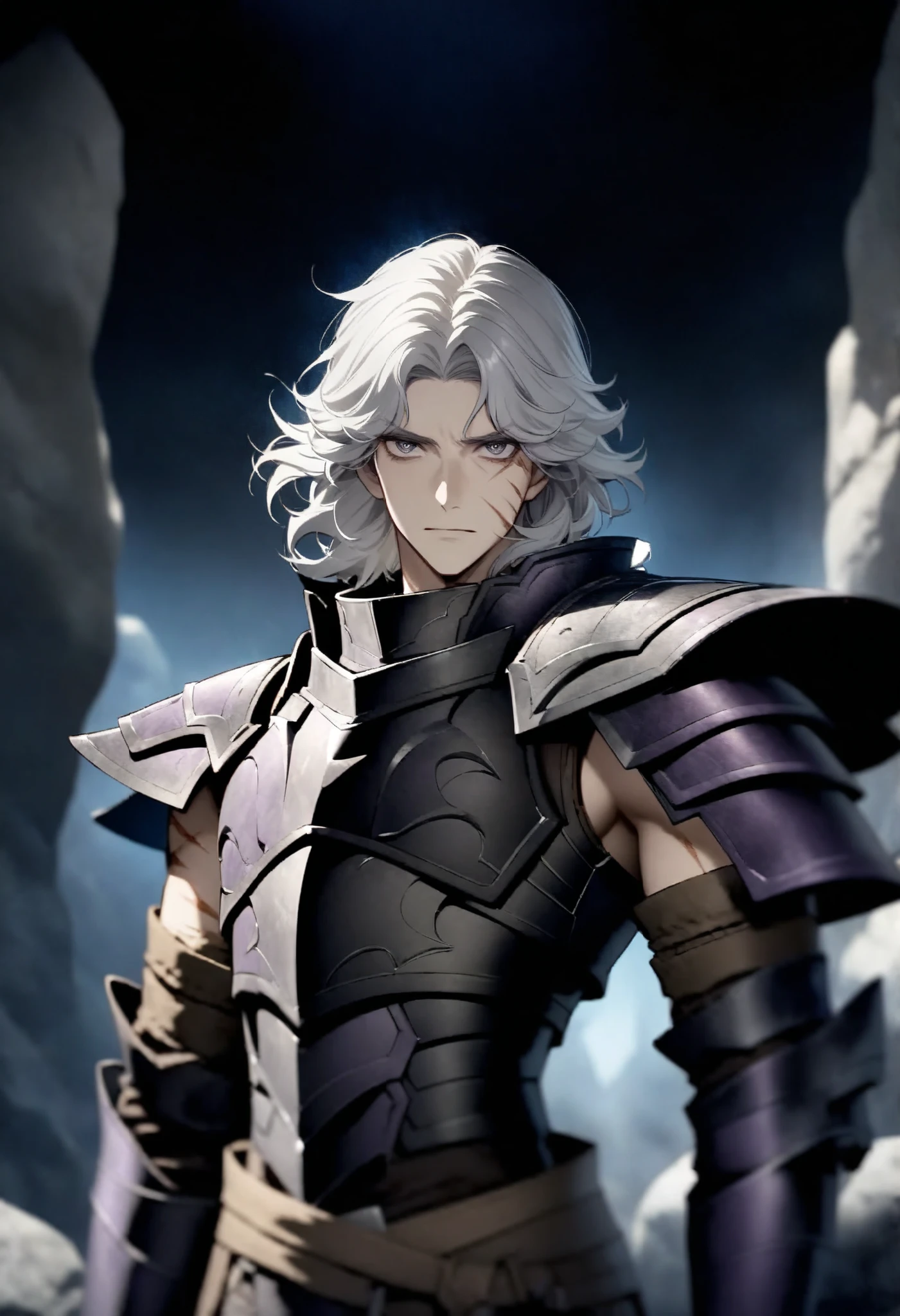 (high-quality, breathtaking),(expressive eyes, perfect face) Symmetrical Eyes, 1boy, male, solo, adult, looking at viewer, black background, soft eerie blue lighting background, rock terrain background, Dark Purple Armor, trim, full plate armor, half body shot, solo, black armor, Specter, Dark Knights, atlas, silver hair, black eyes,muscular male,scars on body, perfect composition
