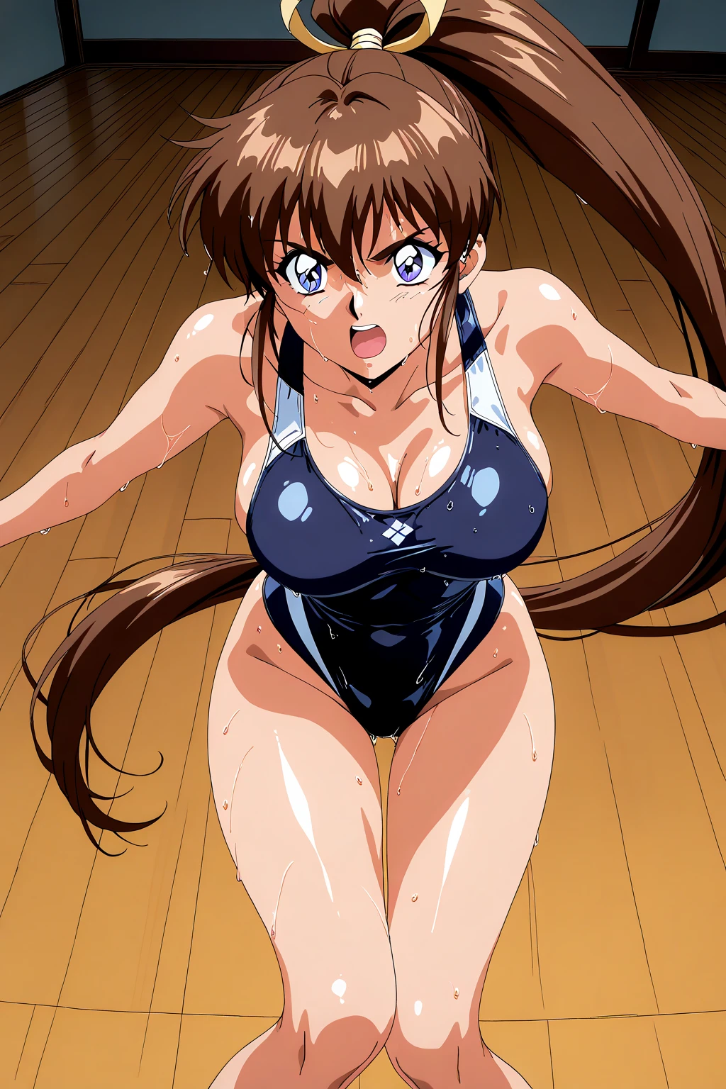 ((Best quality)), ((masterpiece)), ((anime style)), ultra detailed face, ((1 girl)), female wrestler, competition swimsuit, ((wrestling ring)), long hair, mature, milf, 30s, sweaty armpit, very sweaty, standing, victory pose, looking at viewer, highleg, smile, determined, victorious,