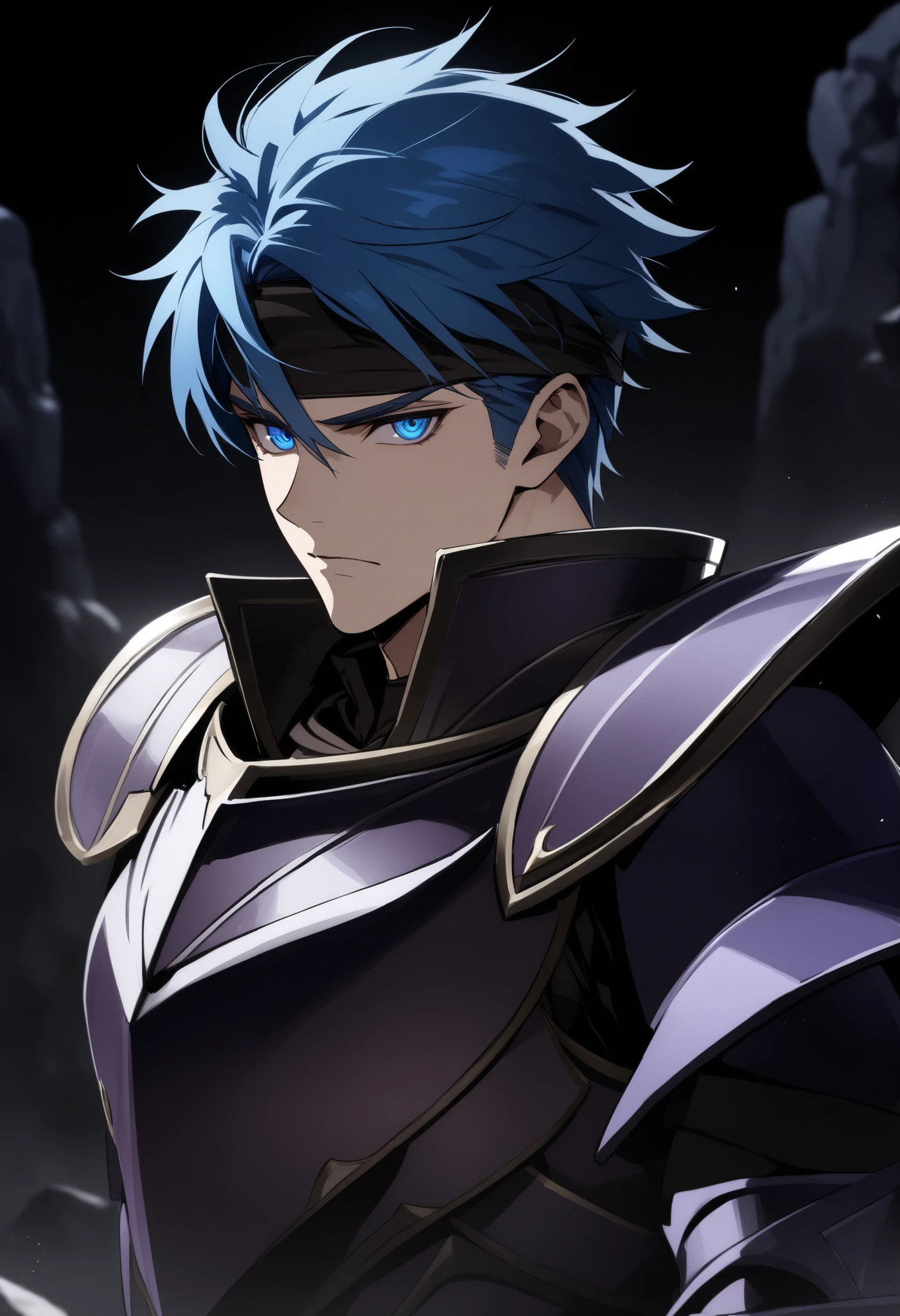 (high-quality, breathtaking),(expressive eyes, perfect face) Symmetrical Eyes, 1boy, male, solo, adult, looking at viewer, black background, soft eerie blue lighting background, rock terrain background, Dark Purple Armor, trim, full plate armor, half body shot, solo, black armor, Specter, Dark Knights, ike_fe_rd, blue hair, short hair, blue eyes, headband, perfect composition