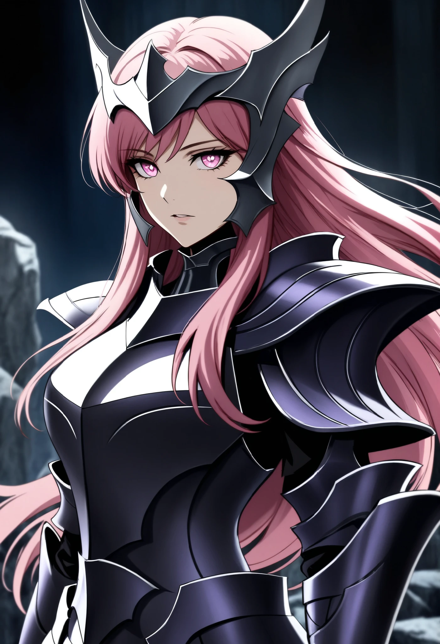 (high-quality, breathtaking),(expressive eyes, perfect face) Symmetrical Eyes, 1girl, female, solo, adult, looking at viewer, black background, soft eerie blue lighting background, rock terrain background, Dark Purple Armor, trim, full plate armor, half body shot, solo, black armor, Specter, Dark Knights, defcr, pink hair, long hair, pink eyes, large breasts, headgear, white hairband, armored dress, black dress,