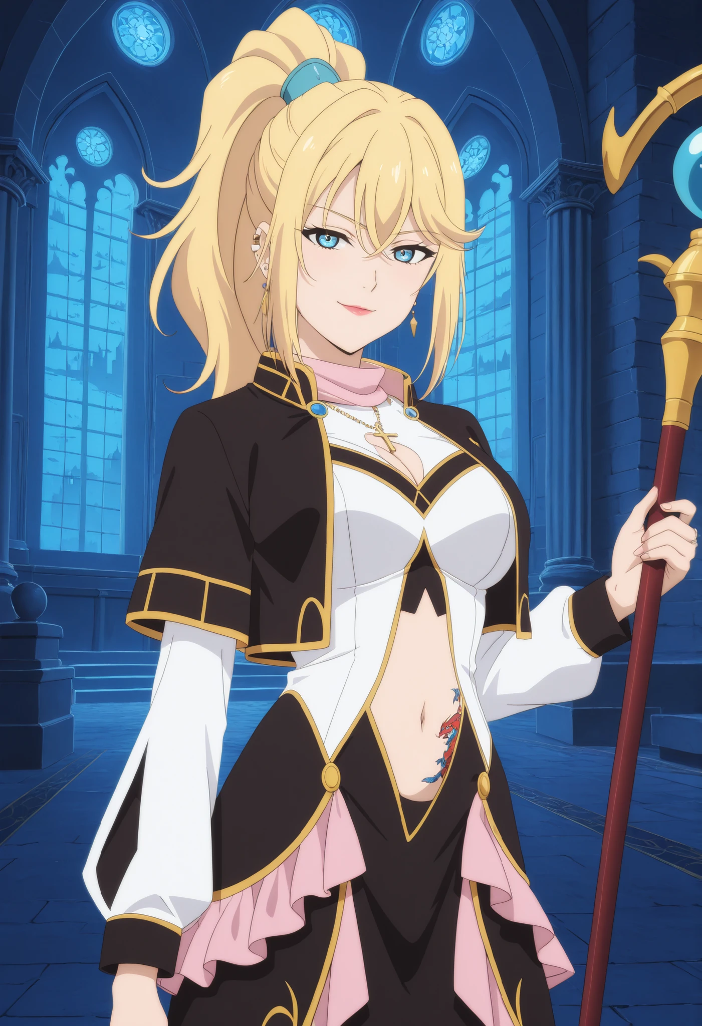 masterpiece,high quality,highres,8k,anime screencap,
1girl,blonde hair,long hair,ponytail,blue eyes,bare midriff,cleavage,detached sleeves,frilled dress,jewelry,necklace,black jacket,black capelet,pink frills,pink collar,navel cutout black skirt,white shirt, cleavage cutout, cleavage,
(Character),score_9, score_8_up, score_7_up, very aesthetic, source_anime, detailed, high quality, beautiful, masterpiece, detailed eyes, , cowboy shot, light smile, half-closed eyes, , looking at viewer., navel , architecture,, palace,ear piercing, , lipstick,Hot girl, baddie, sensual, attractive, , holding staff ,castle,inside castle, , cross necklace, choker, jewelry, earrings, , medium large ,looking at viewer , dragon tattoo on waist, narrowed eyes, tattoo on waist, anipai_style , anime screencap , anime coloring, v-shape eyebrows,