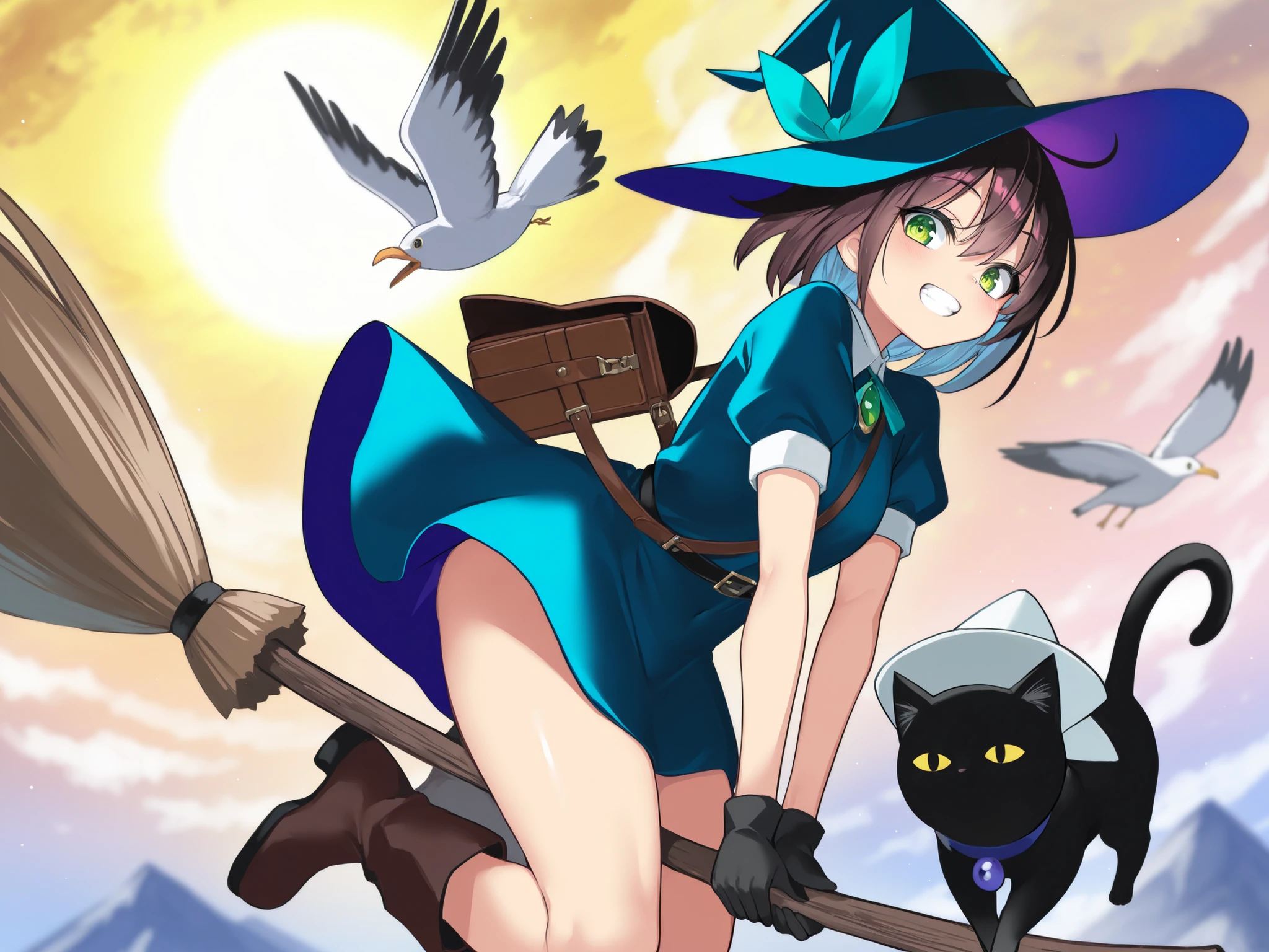 (takemori shintarou:1.16), (harada takehito:1.16), (cool-kyou shinja:1.16), kojima takeshi, (taketora suzume:1.05), (takeuchi takashi:0.90), (lambda \(Kusowarota\):0.90), (cle masahiro:0.86), year 2022,
Detail enhancement,(deformed10.8),(negative space:1.4),((is of amazing quality, Very Beautiful, absurdres, newest)),
1girl ,black Cat on ,above_ cloud s, animal_collar, Aqua_ribbon ,bag, belt ,belt_pouch ,bird ,black_Cat ,blue_dress ,blue_sky, boots ,Brooch, broom ,broom_riding,brown_bag, brown_boots, brown_hair, cape ,Cat , cloud , cloud y_sky ,collar, dress, flock ,flying ,full_body, green _eyes ,grin ,hat ,hat_ribbon ,high_up, holding, holding_broom, holding_unworn_clothes, holding_unworn_hat, jewelry, long_hair, Looking_at_viewer, outdoors ,pouch ,puffy_short_sleeve,s puffy_sleeves ,purple_cape, ribbon seagull ,short_sleeves, sky, smile, Alone, teeth, too_many too_many_birds, unworn_hat ,unworn_headwear, upper_teeth_Only, witch, witch_hat,