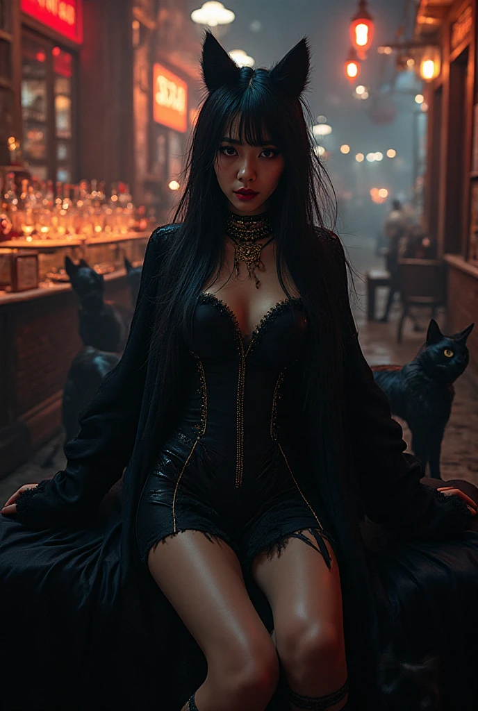 Goddess with long dark curly hair, wearing black clothes, holding a large torch in his right hand, keys hanging from your waist and dogs around you